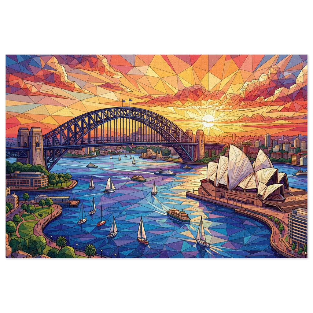 500-piece jigsaw puzzle showing harbor bridge, opera house, and sailboats at sunset