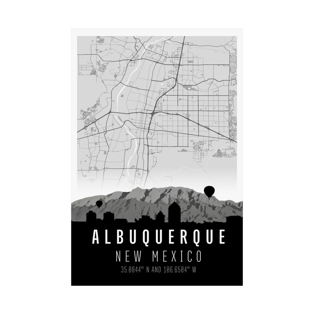 Albuquerque New Mexico city map poster with bold title and coordinates at bottom