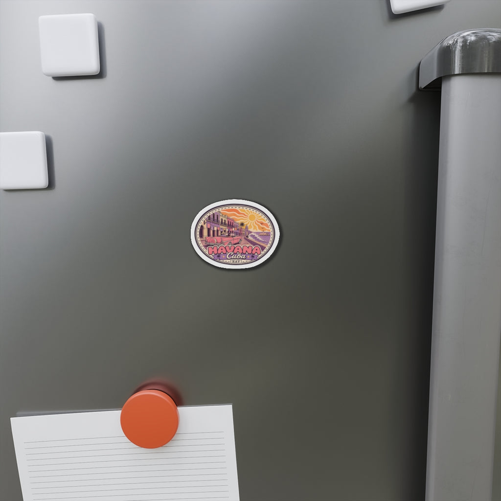 Round die-cut Havana magnet stuck on a stainless steel refrigerator door; “Havana Cuba” art.