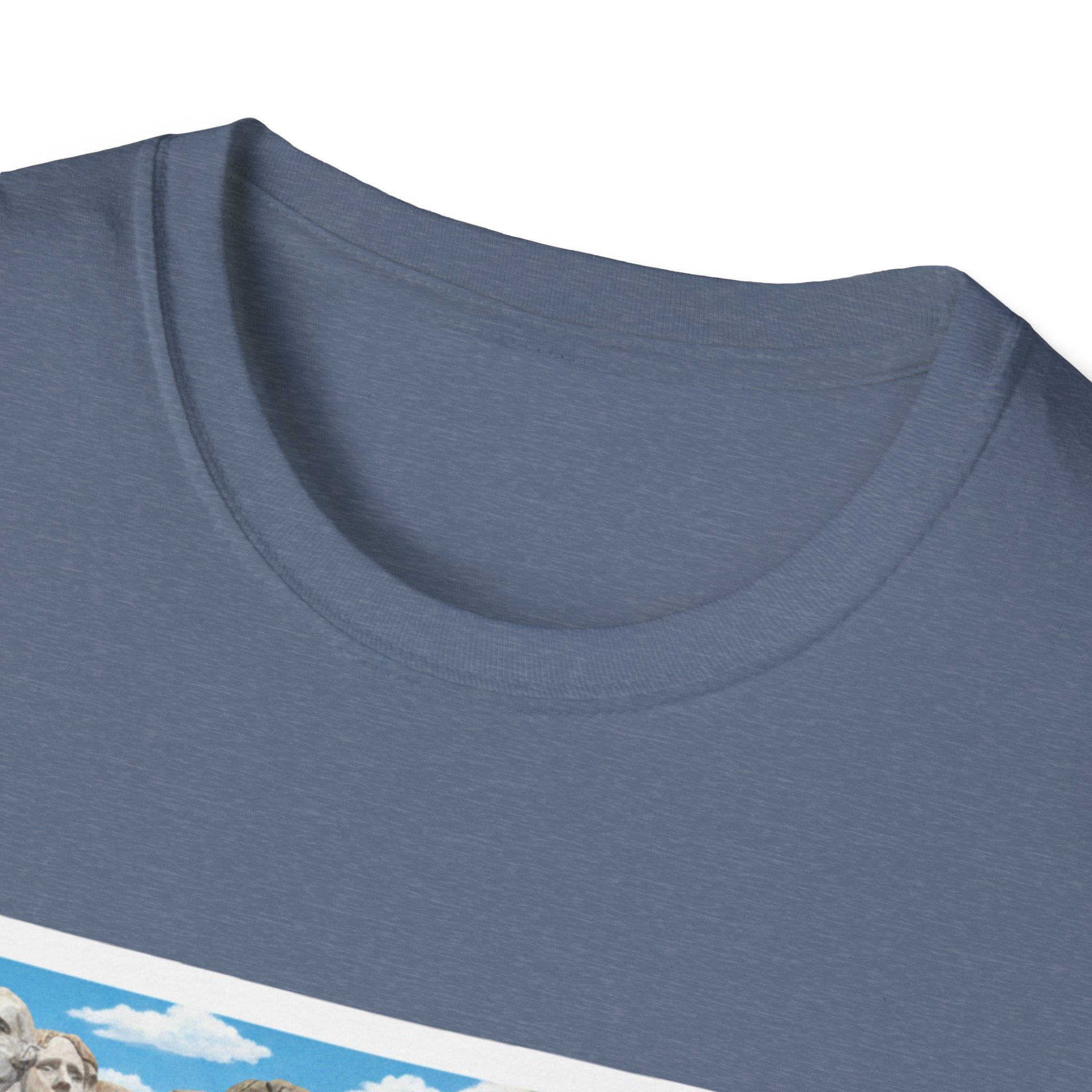 Heather navy T-shirt close-up, crew neck above 'South Dakota' graphic edge