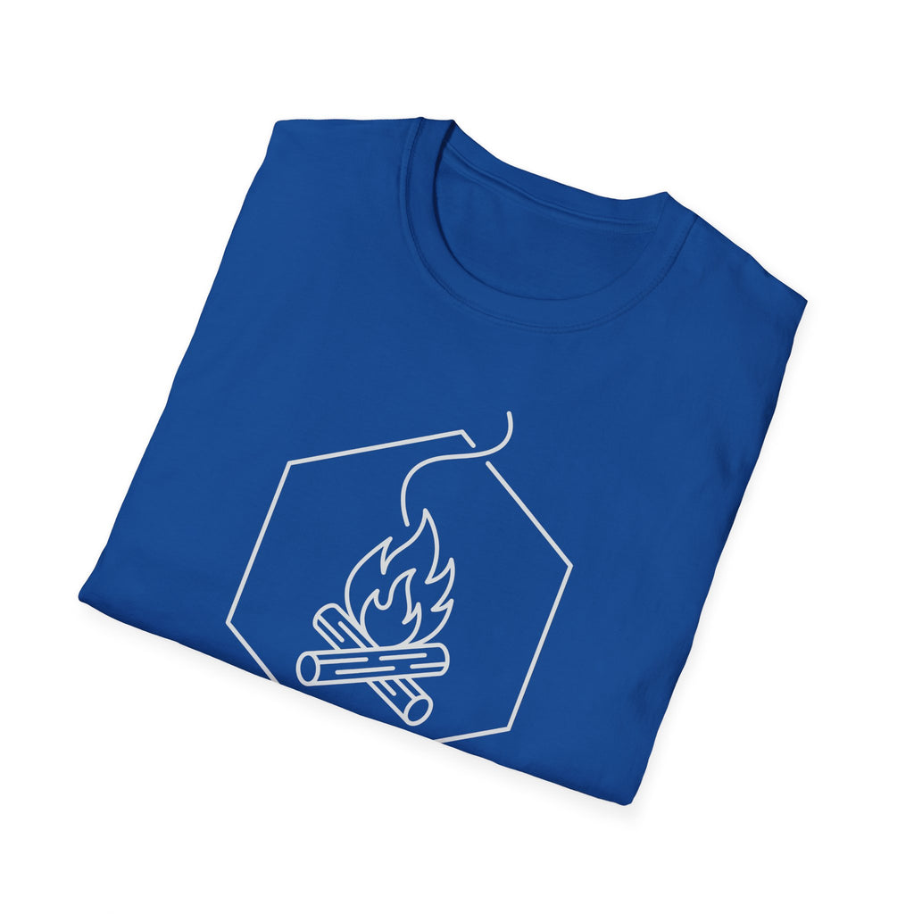 Royal blue T-shirt with front line-art campfire graphic in a hex outline