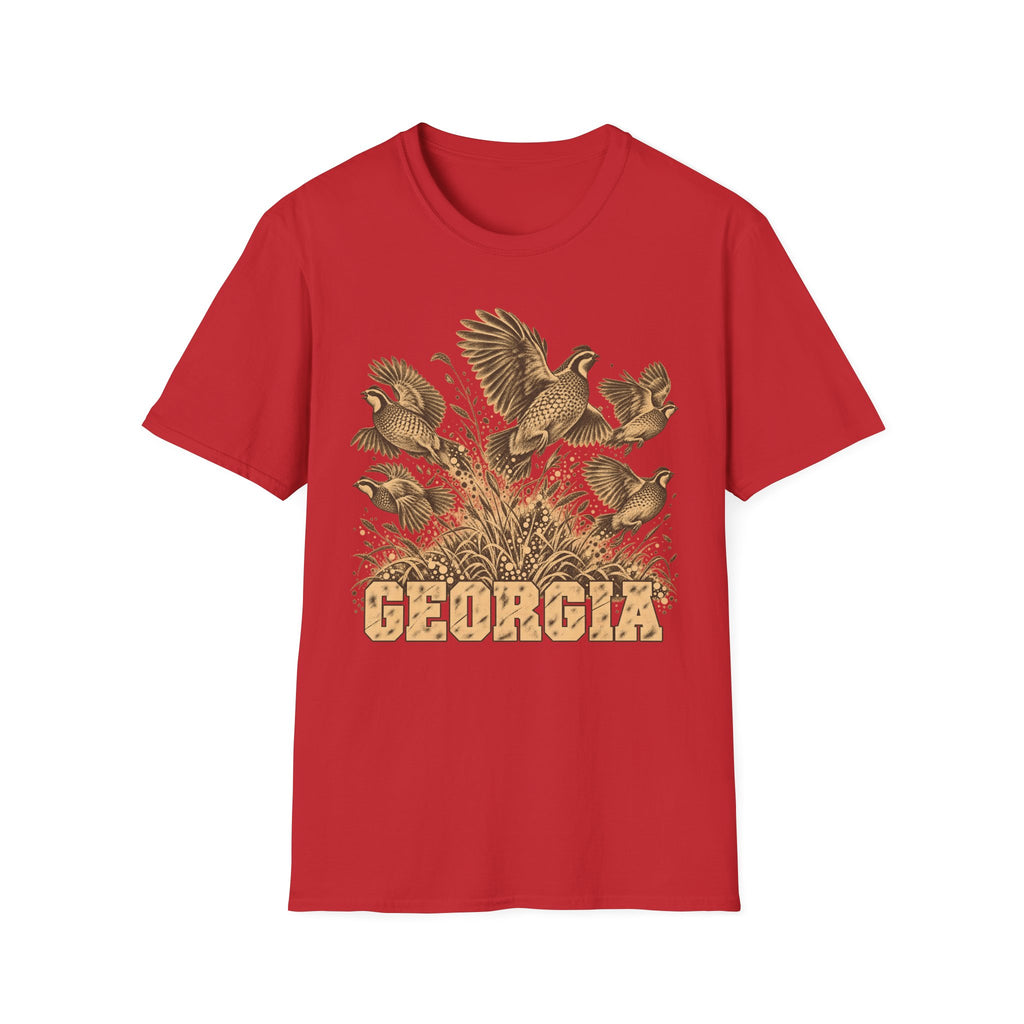 Red crew-neck t-shirt with tall-grass bird graphic and GEORGIA text
