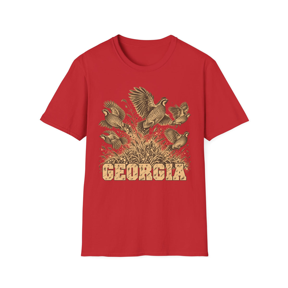 Red crew-neck t-shirt with tall-grass bird graphic and GEORGIA text