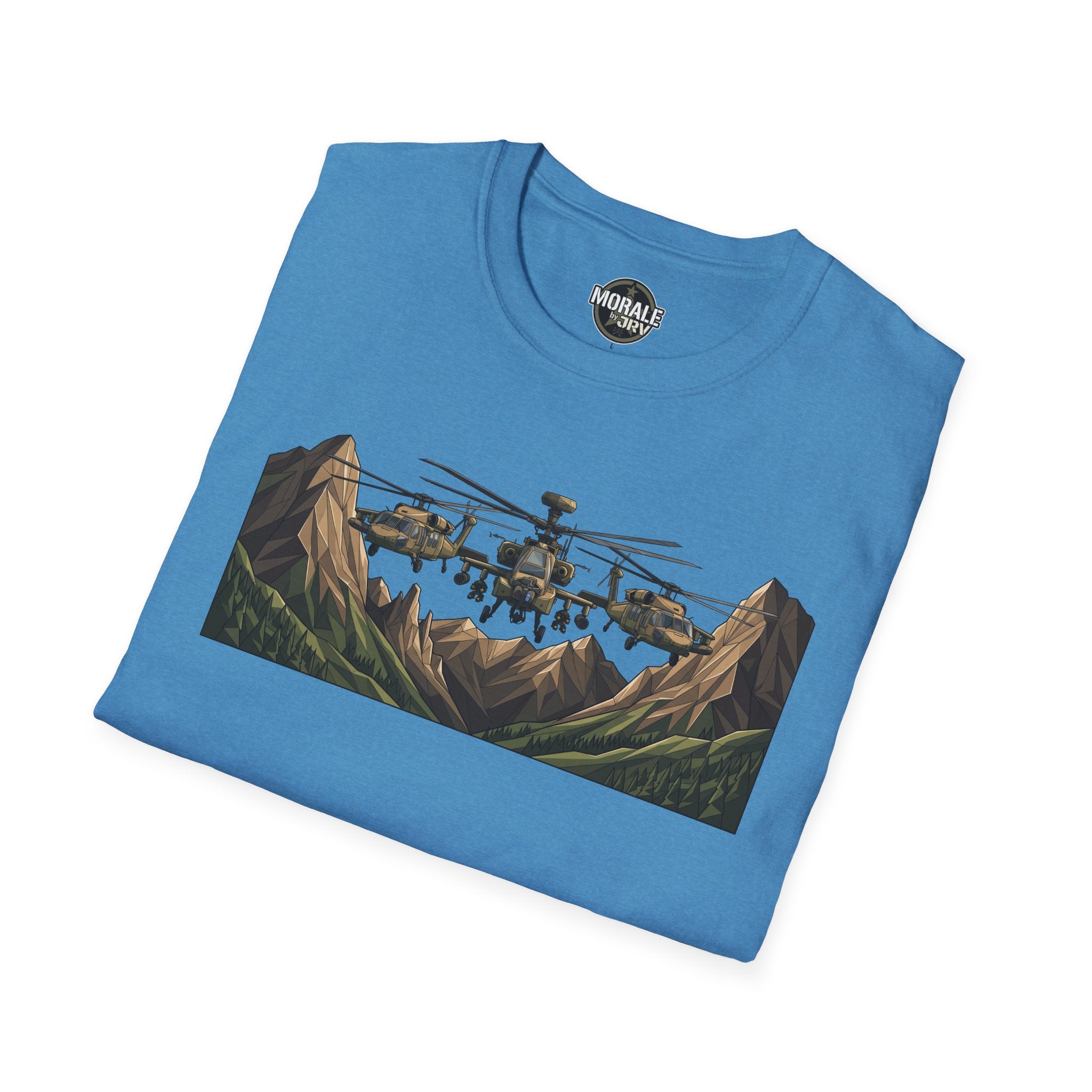 Light blue T-shirt with helicopters over mountain landscape graphic