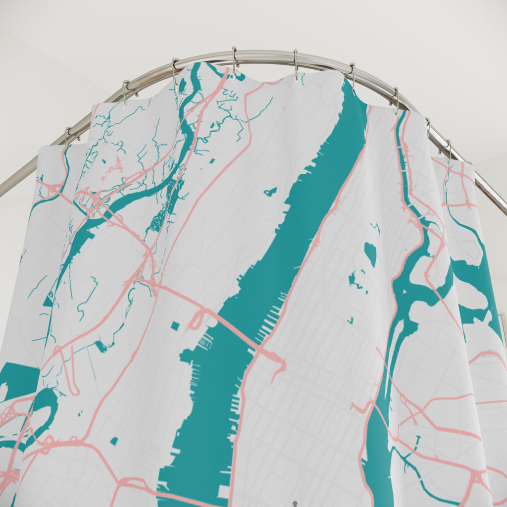 Teal city map shower curtain, close-up of top grommets and red road lines