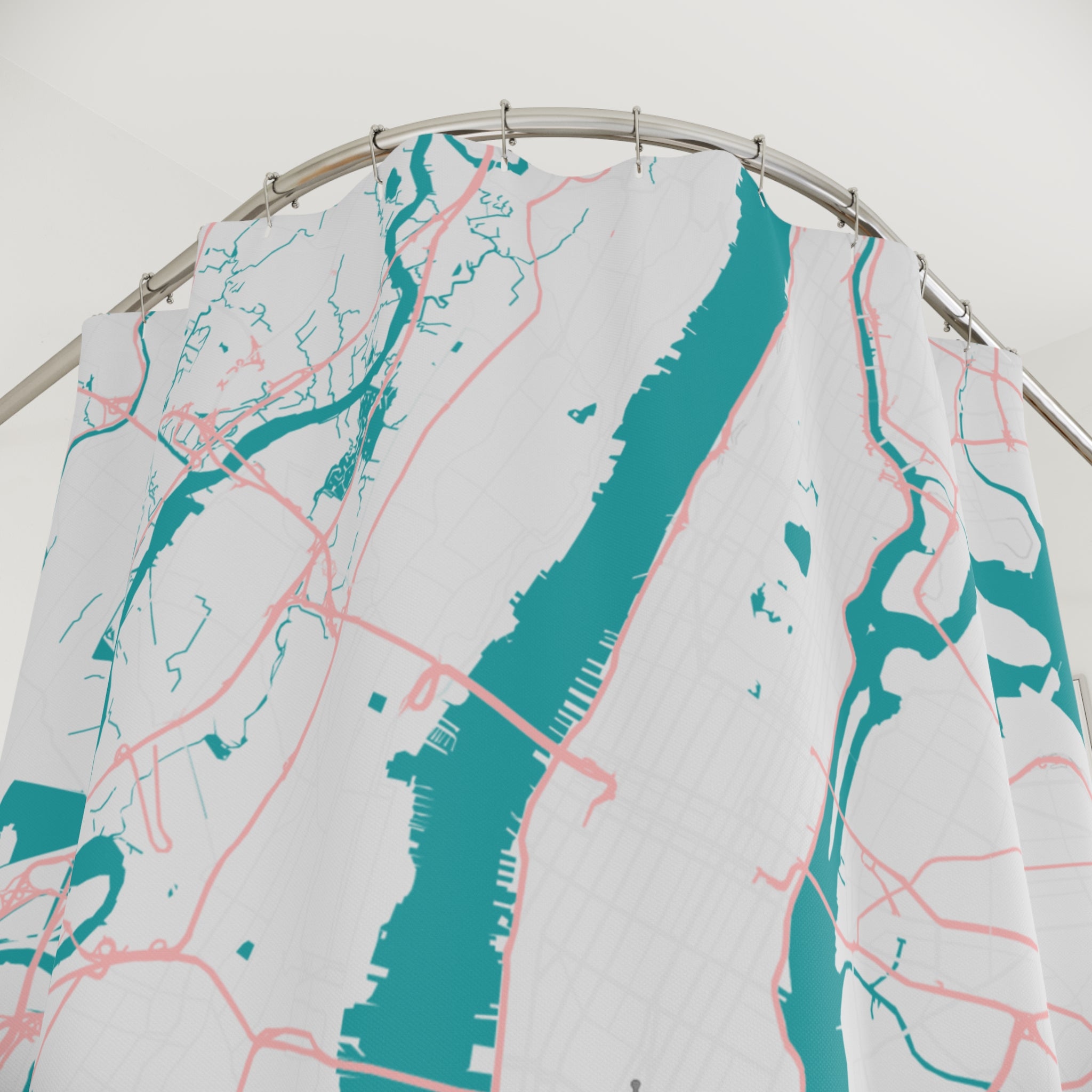 Teal city map shower curtain, close-up of top grommets and red road lines