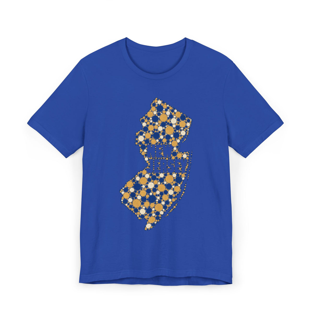 Blue t-shirt with colorful floral New Jersey outline graphic on the front