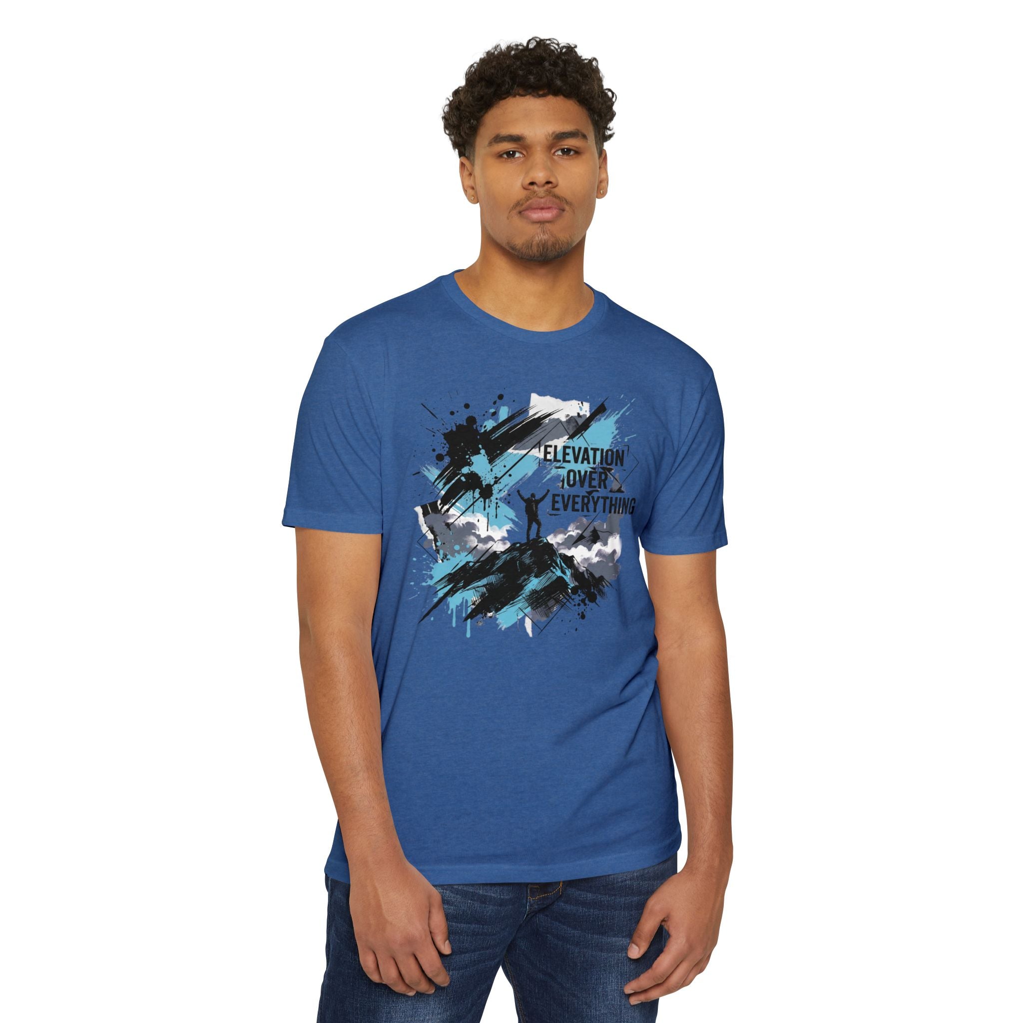 Light blue crewneck graphic T-shirt with ink mountain-style print on chest