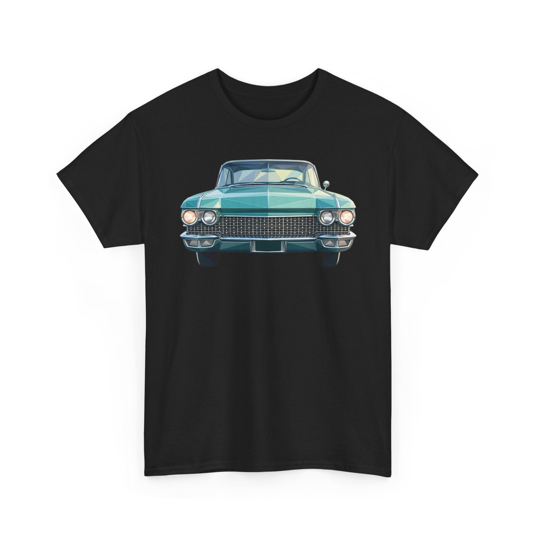 Black crewneck T-shirt with teal classic car illustration, front view on chest