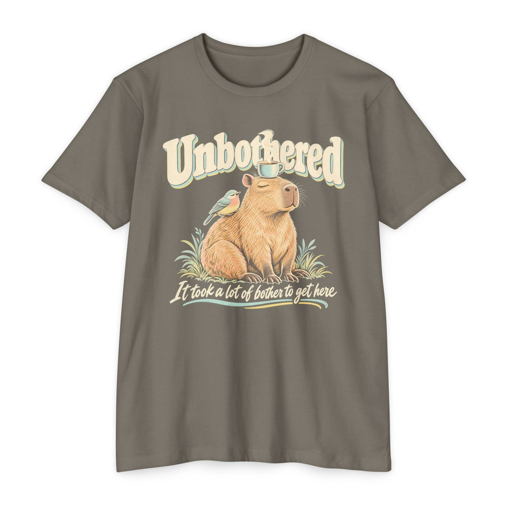Gray-brown T-shirt with unbothered capybara holding a coffee cup graphic