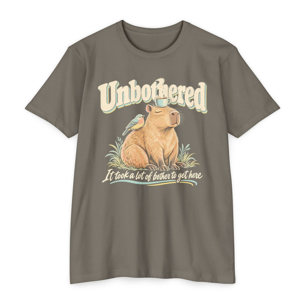Gray-brown T-shirt with unbothered capybara holding a coffee cup graphic