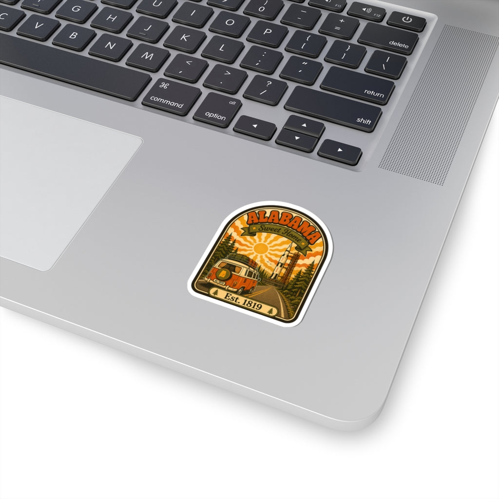 Alabama retro camper van sticker with orange sunrise and Est. 1819 text