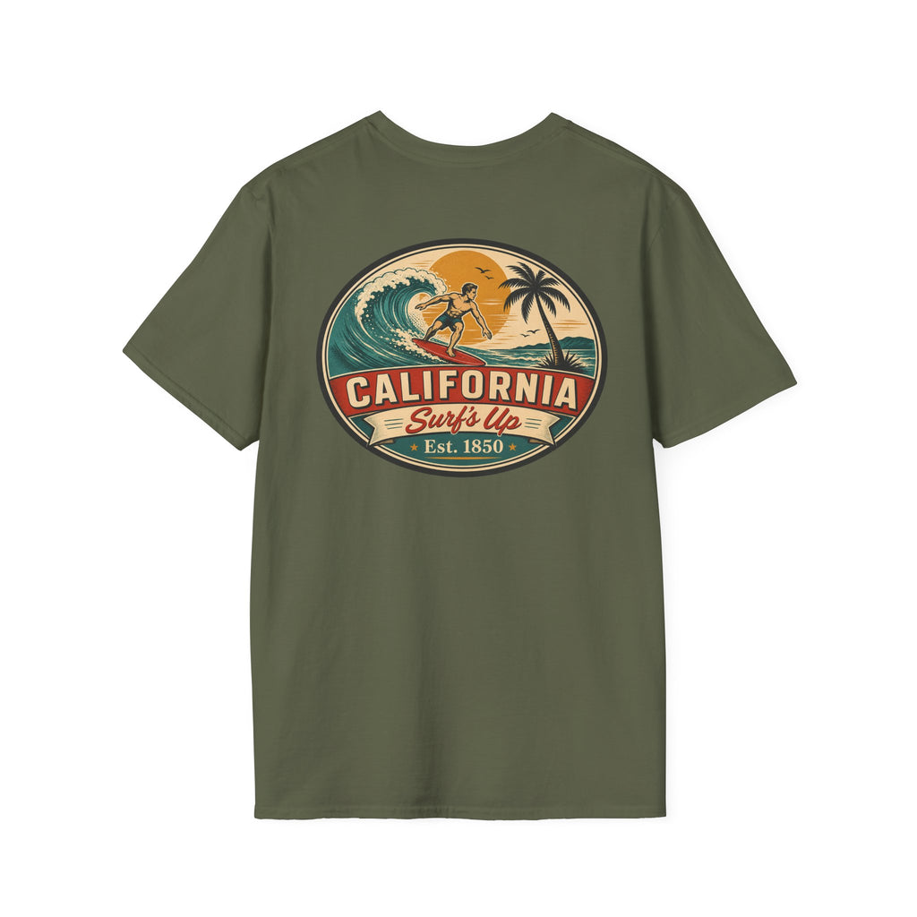 Dark olive T-shirt with large oval California Surf's Up graphic on the chest