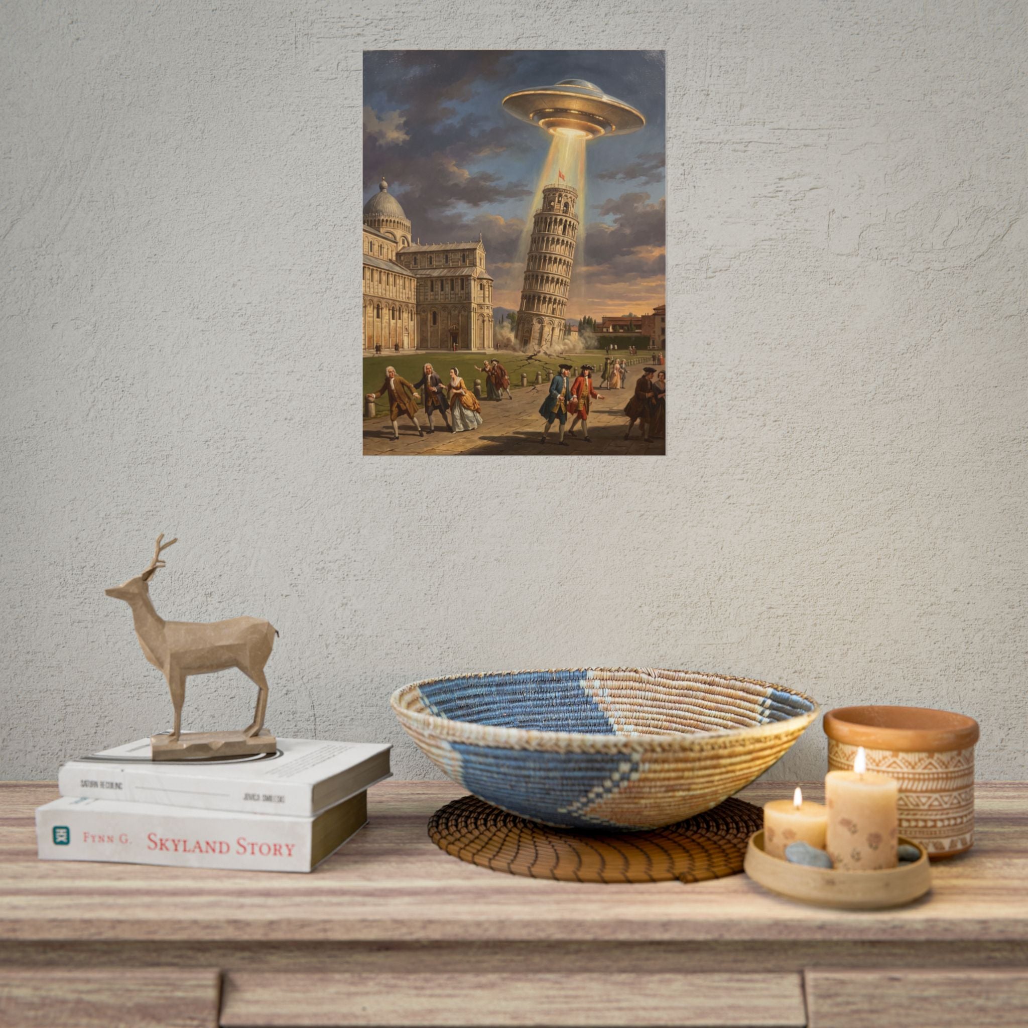 Poster above table decor showing UFO beam over Leaning Tower with pedestrians in vintage style