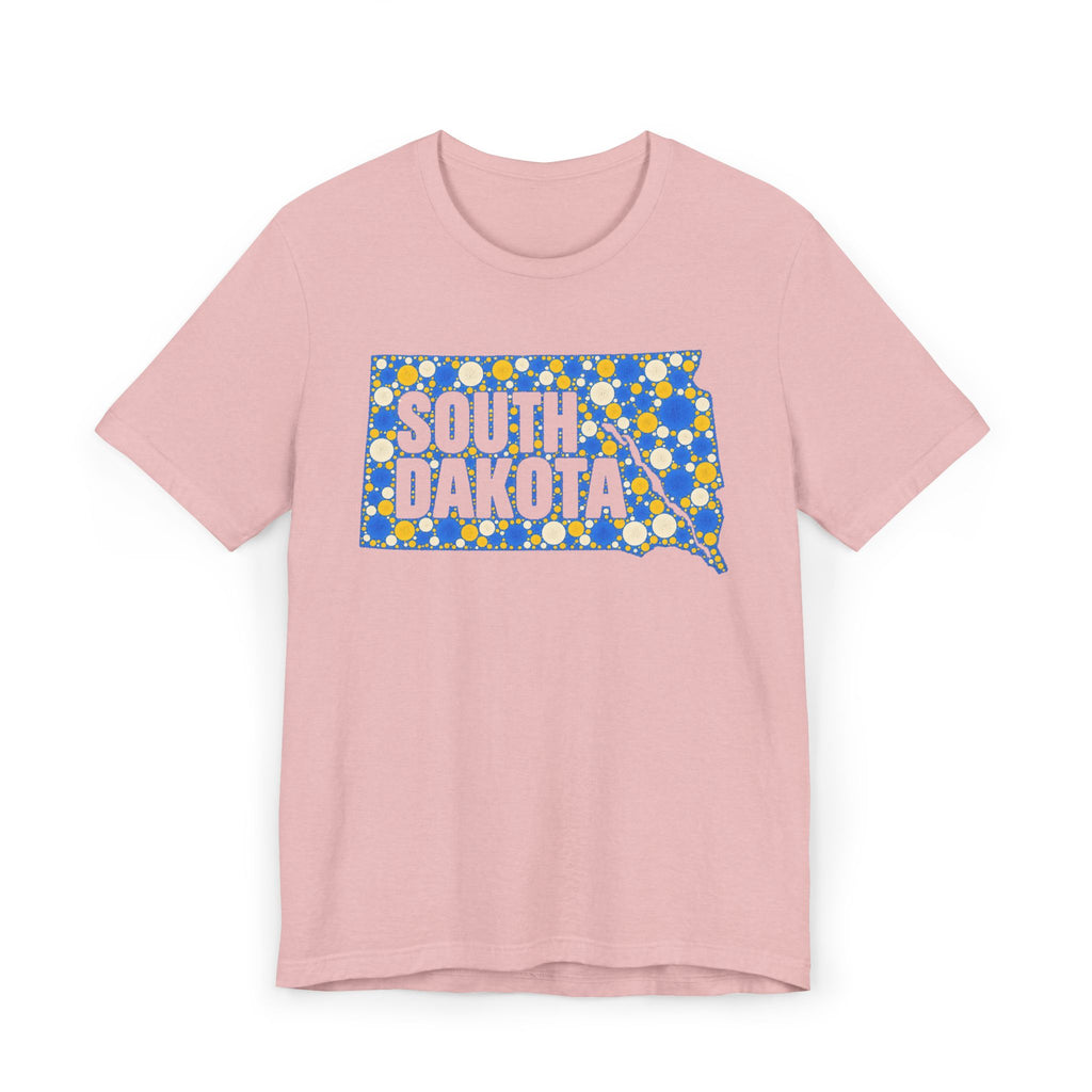 Pink crewneck T-shirt with blue and yellow South Dakota polka-dot map graphic.