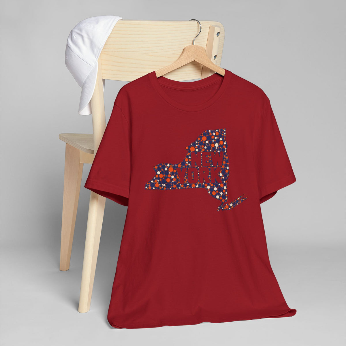 Red crew-neck t-shirt with colorful dotted New York State graphic