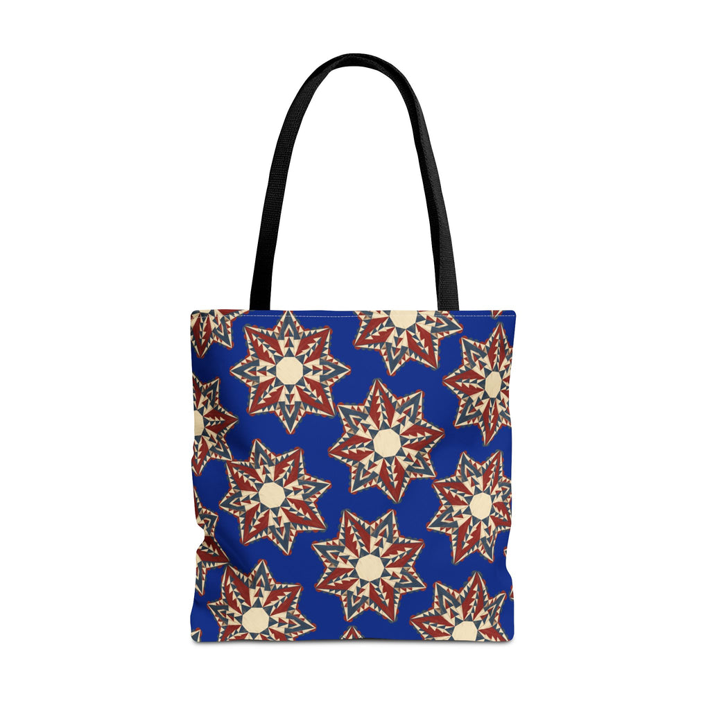 Blue tote bag with starburst floral pattern and black shoulder straps