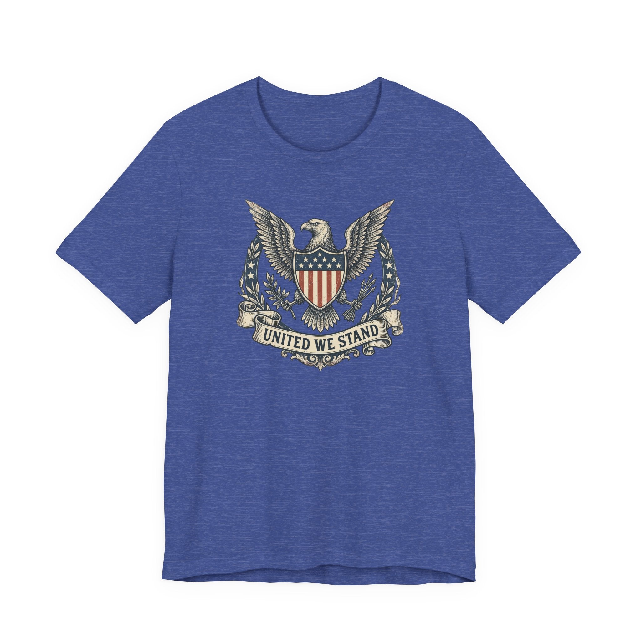 Royal blue T-shirt with eagle shield crest graphic and "United We Stand" text