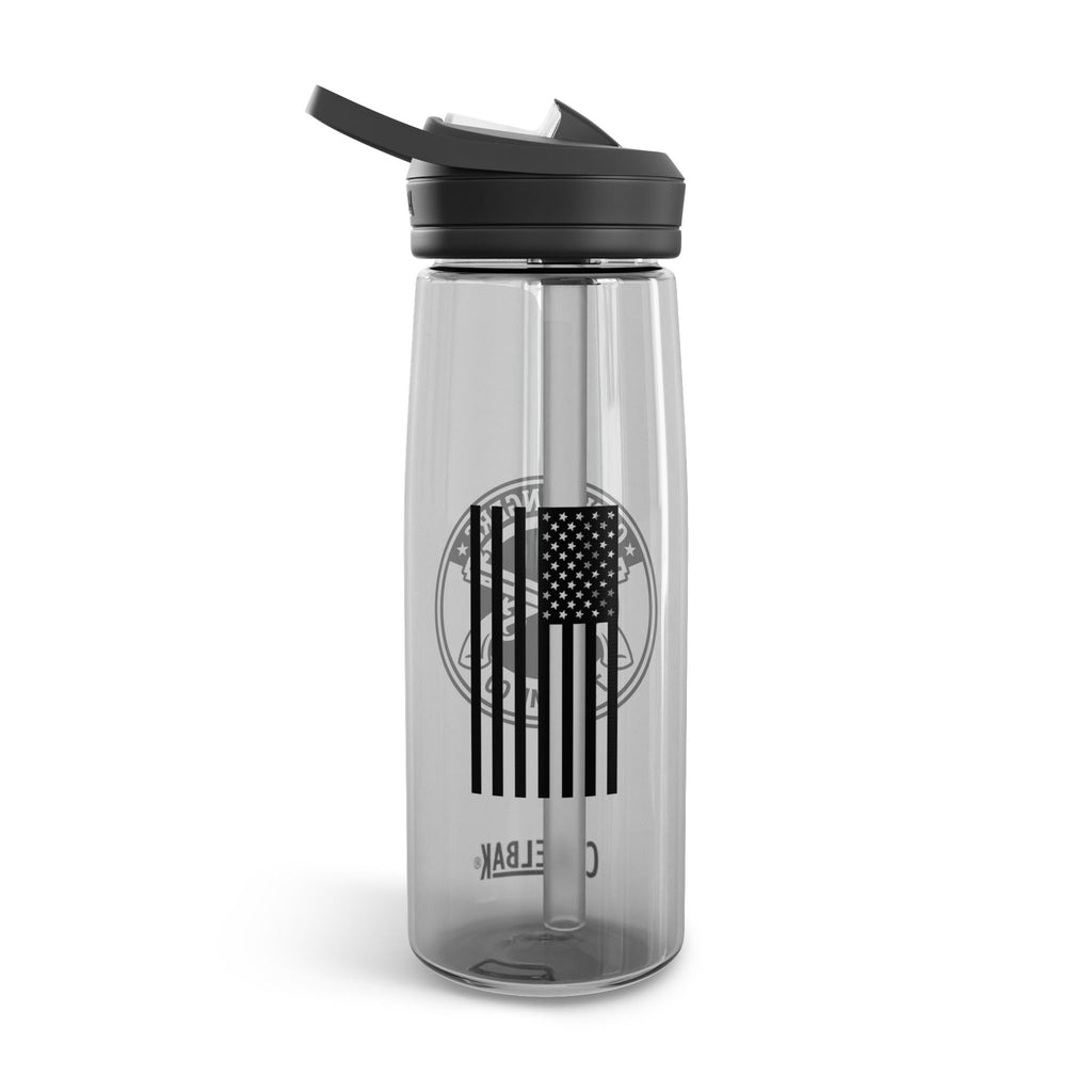 25 oz transparent water bottle with charcoal flip-top lid and barcode graphic
