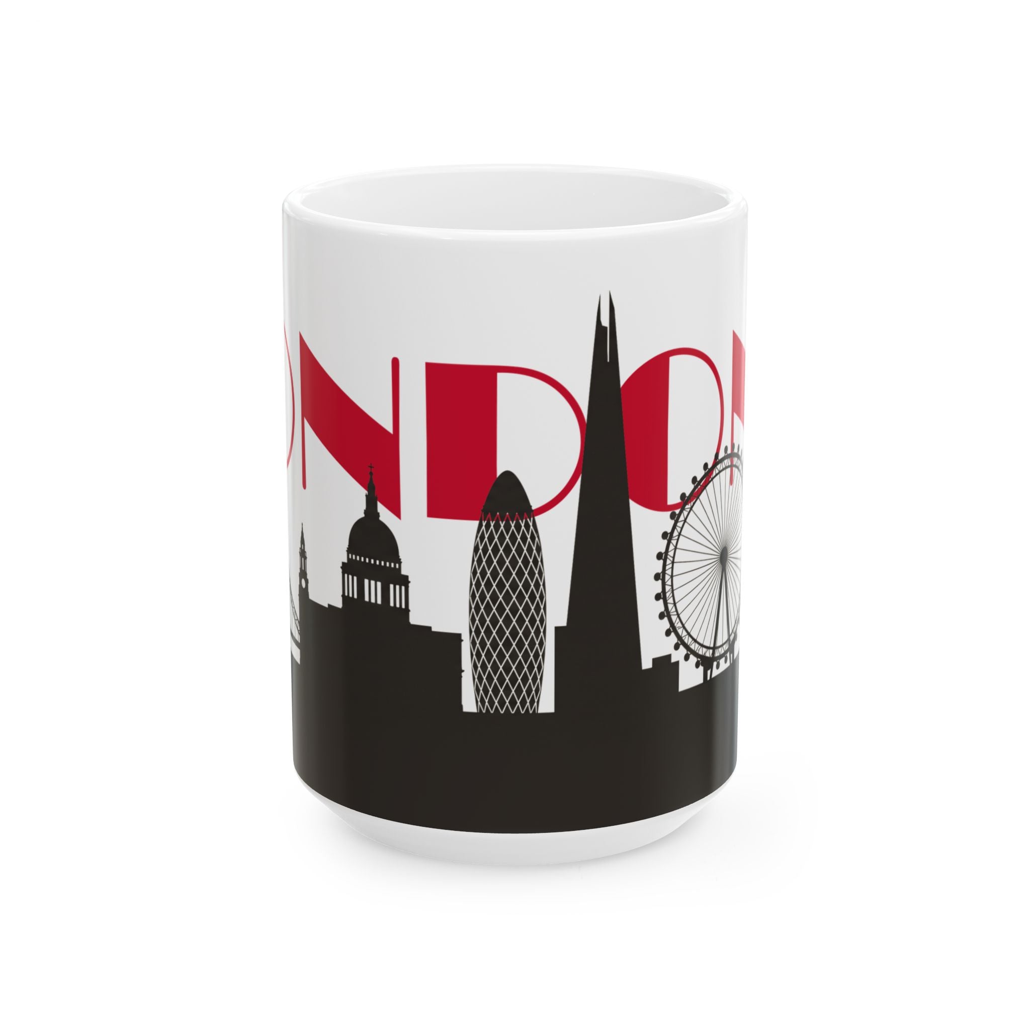 White ceramic coffee mug with red lettering and black London skyline silhouette