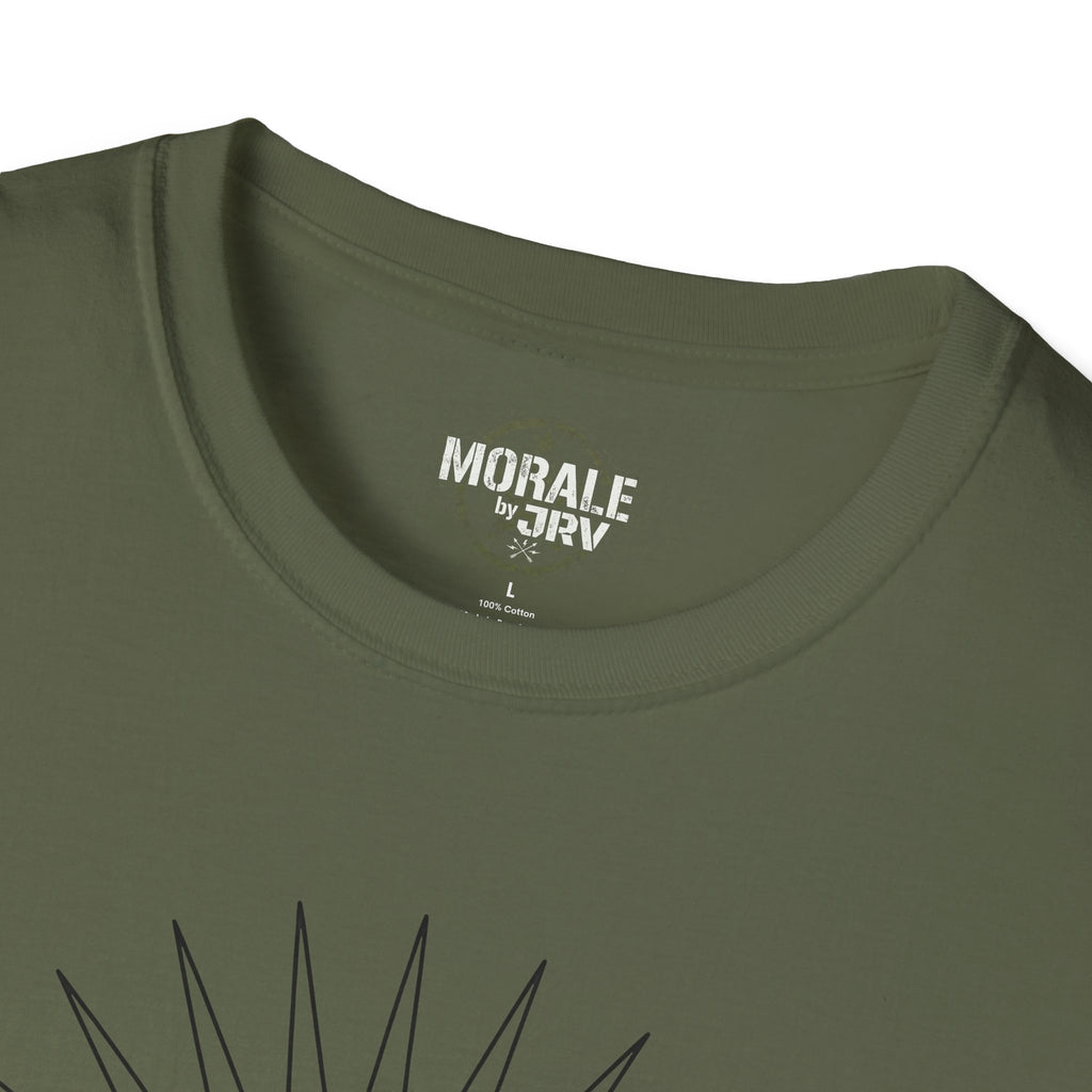 Military green T-shirt neckline with printed logo and fabric content label
