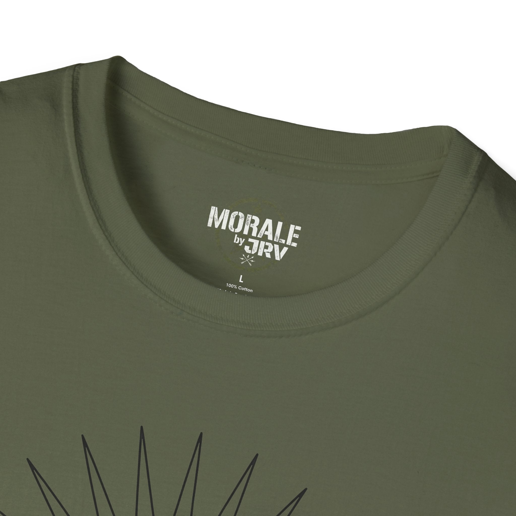 Military green T-shirt neckline with printed logo and fabric content label