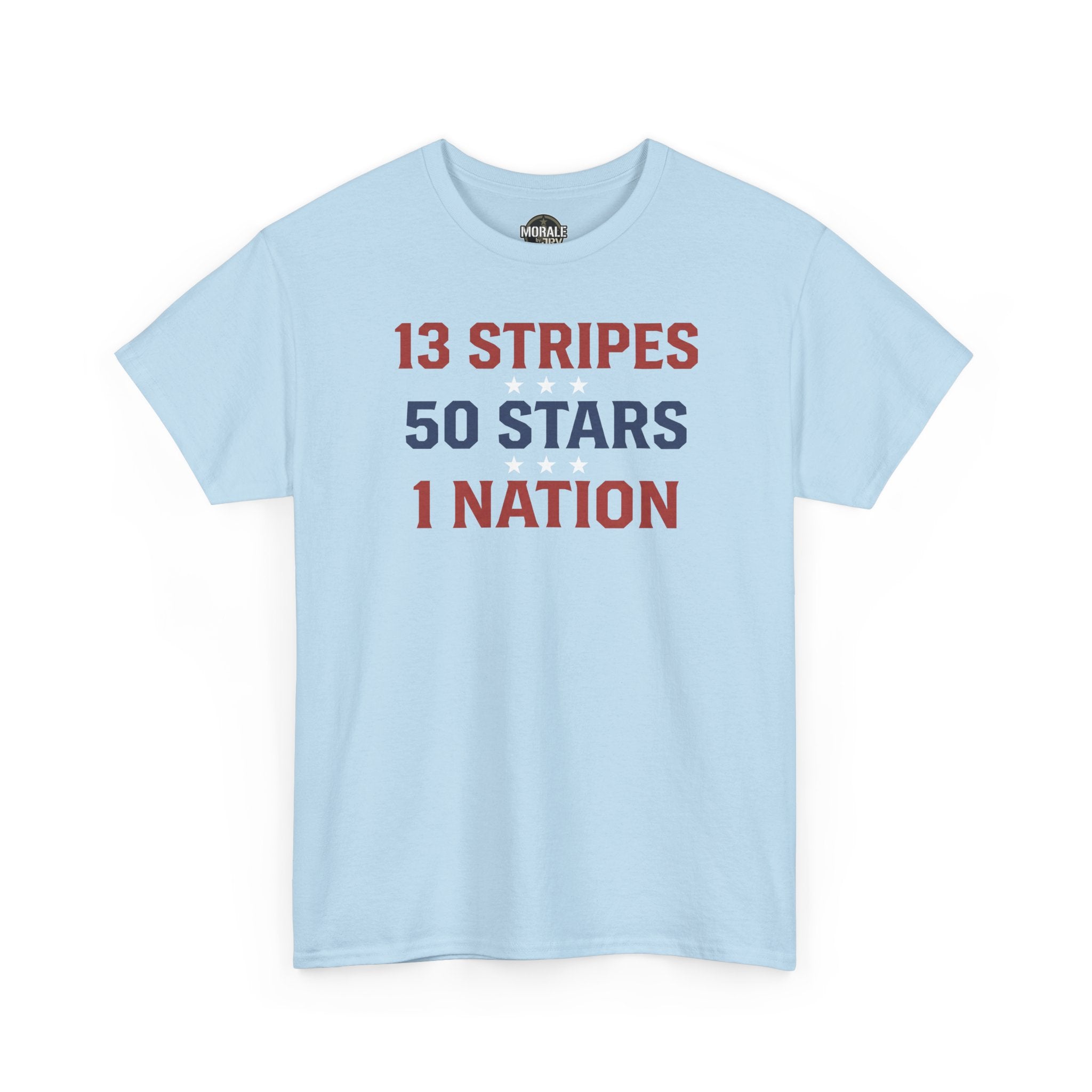 Patriotic T-shirt, light blue, front graphic text: 13 STRIPES 50 STARS 1 NATION.