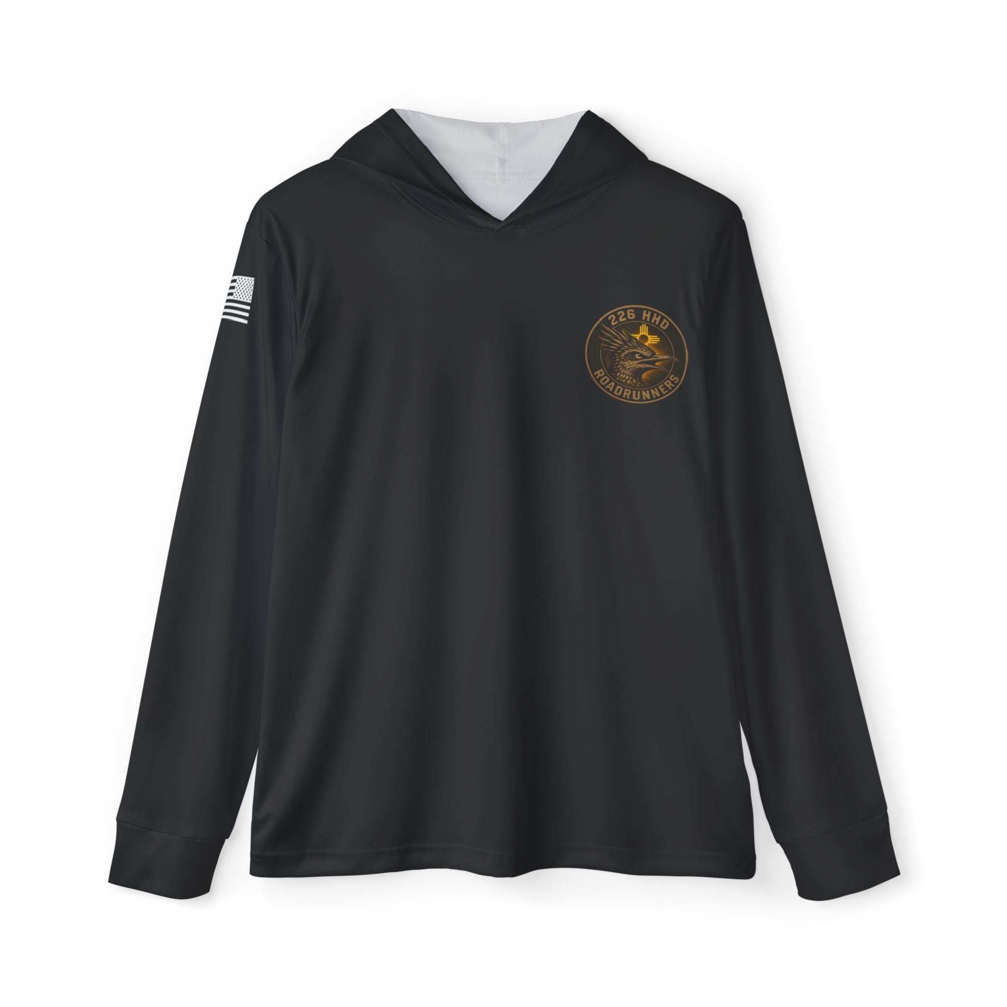 Black pullover hoodie with small chest logo and hood