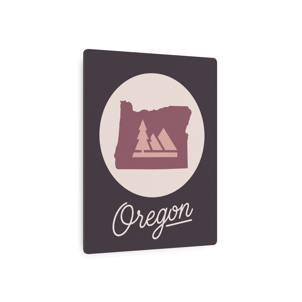 Square Oregon silhouette metal wall art with mauve circle emblem and cursive Oregon