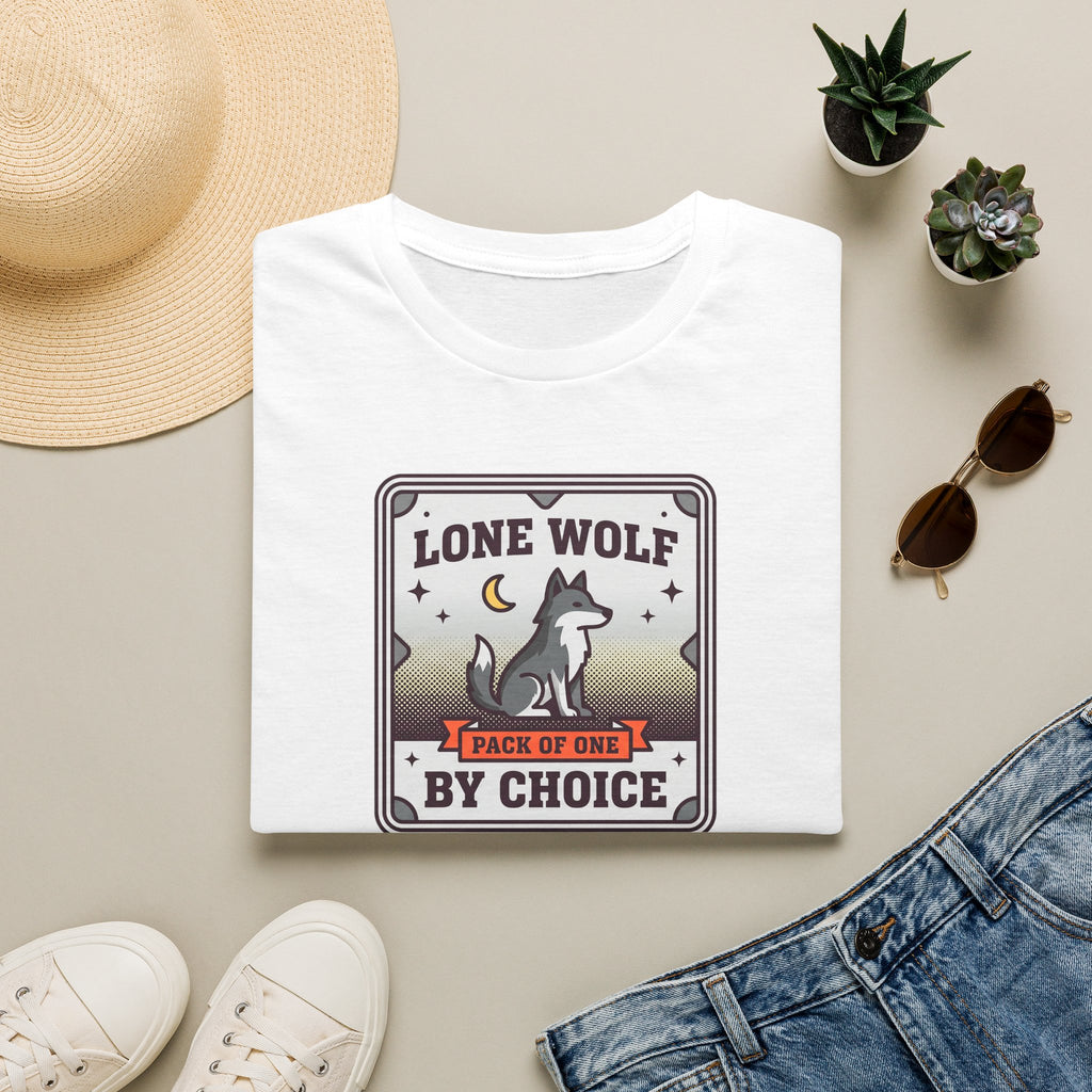 White crewneck T-shirt with lone wolf badge graphic