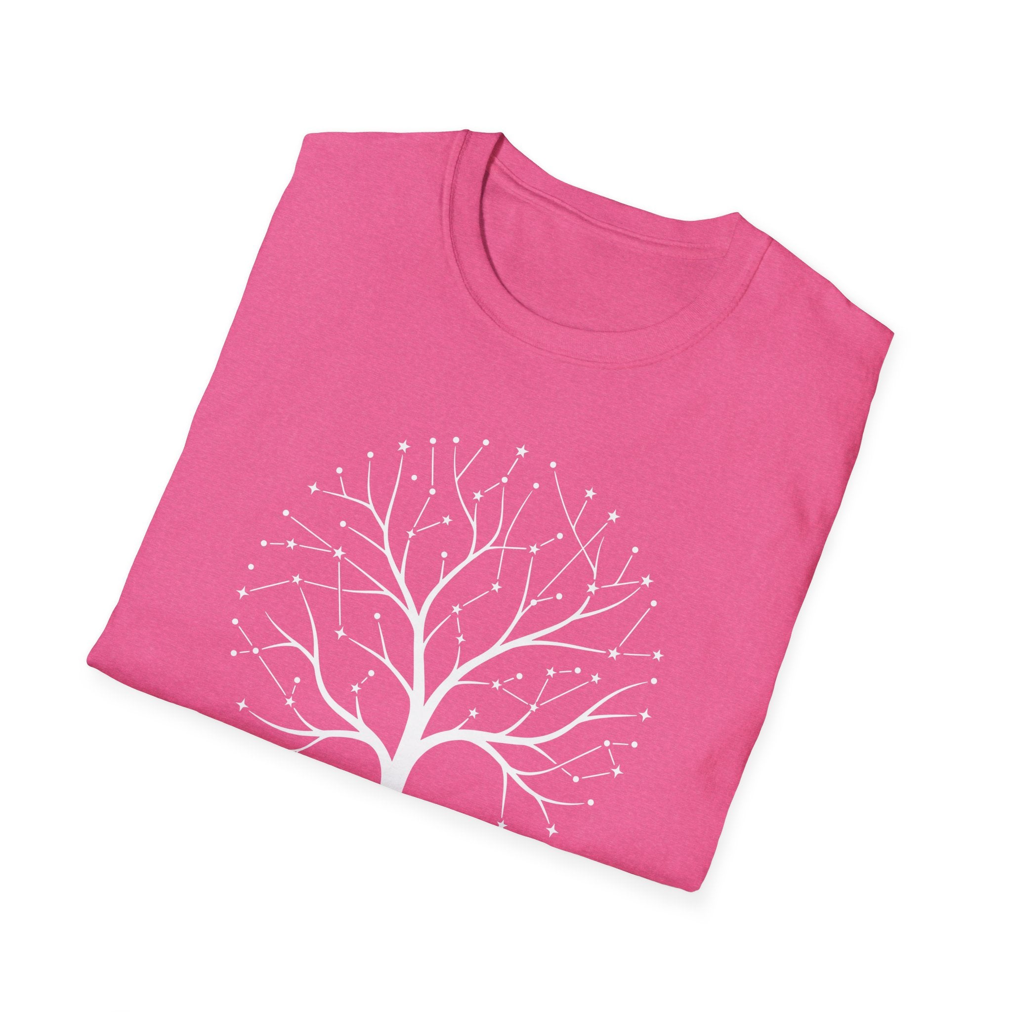 Pink crew-neck T-shirt with large white tree-roots star graphic on the front.