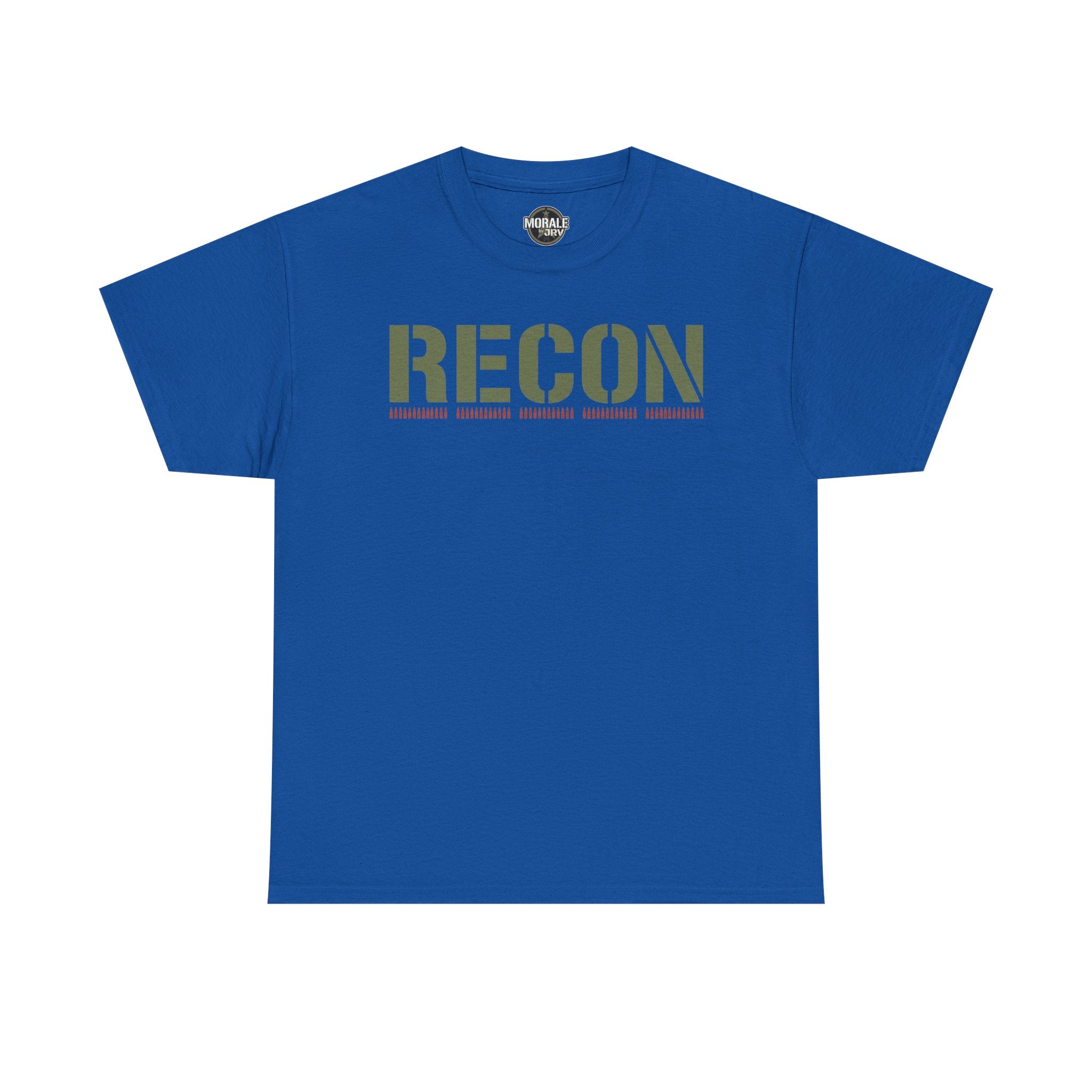 Royal blue T-shirt with RECON stencil graphic in green and red stripe lettering