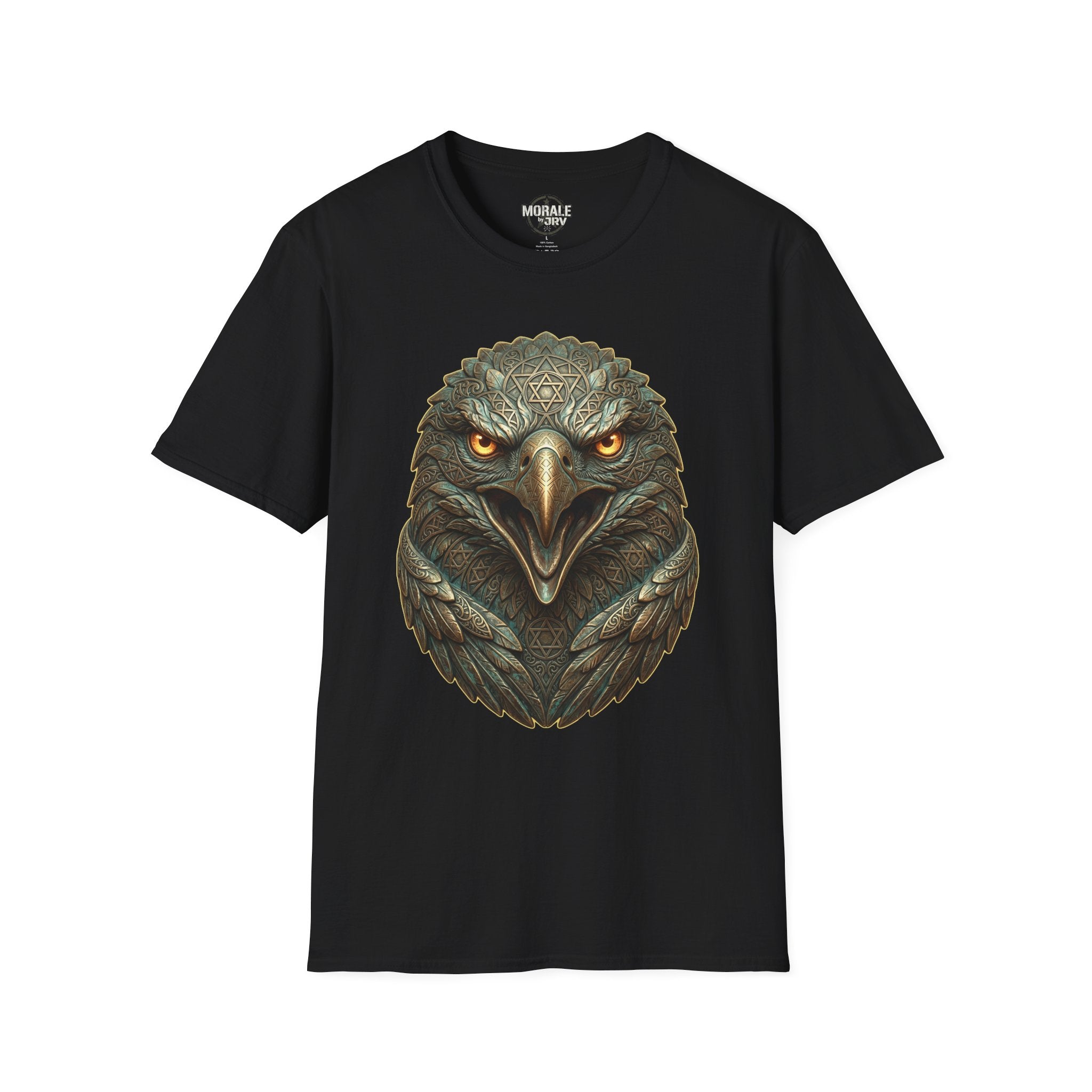 Black T-shirt, realistic eagle head print with golden eyes