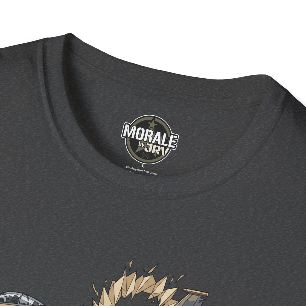 Dark gray T-shirt close-up: round neck logo and partial flame-burst jet graphic