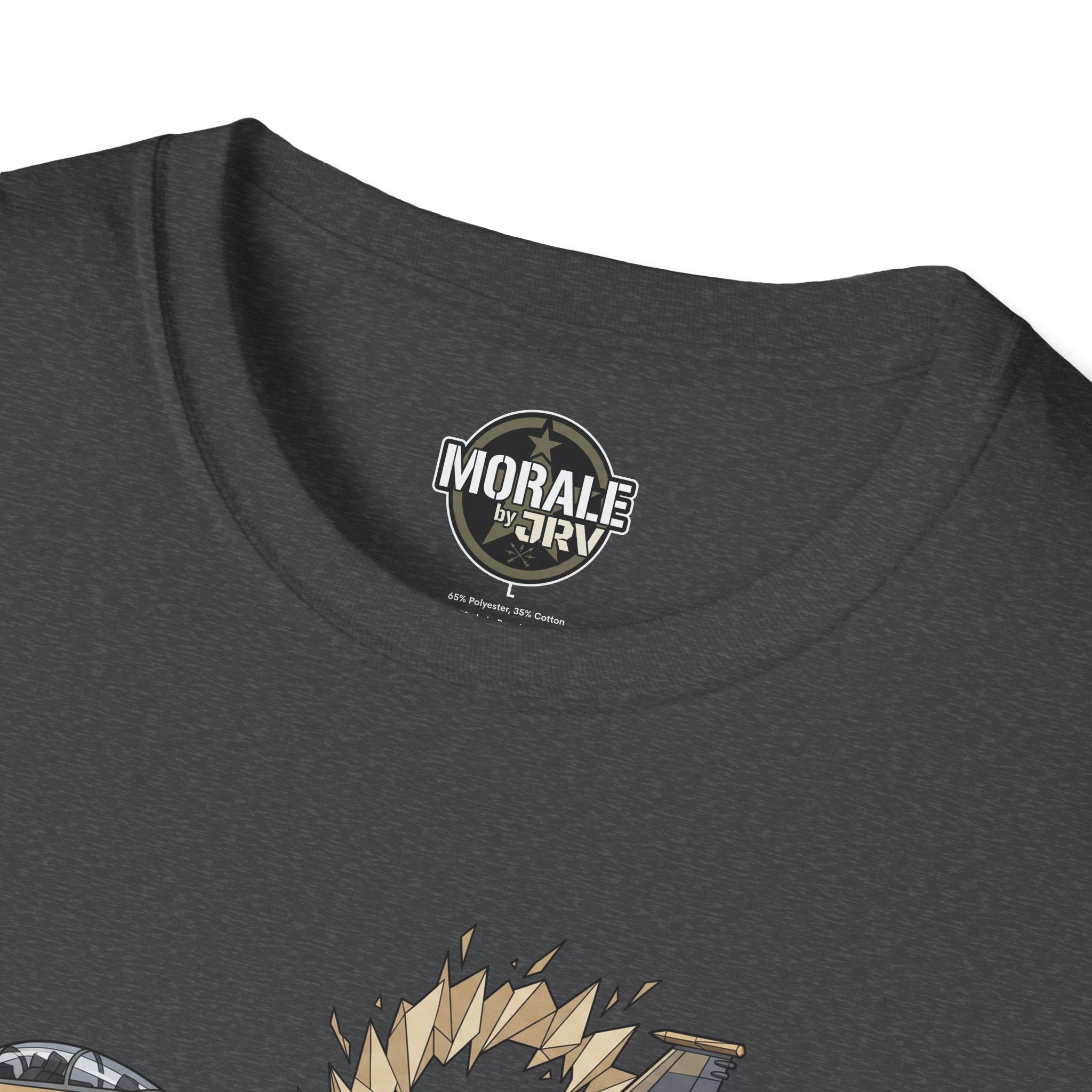 Dark gray T-shirt close-up: round neck logo and partial flame-burst jet graphic