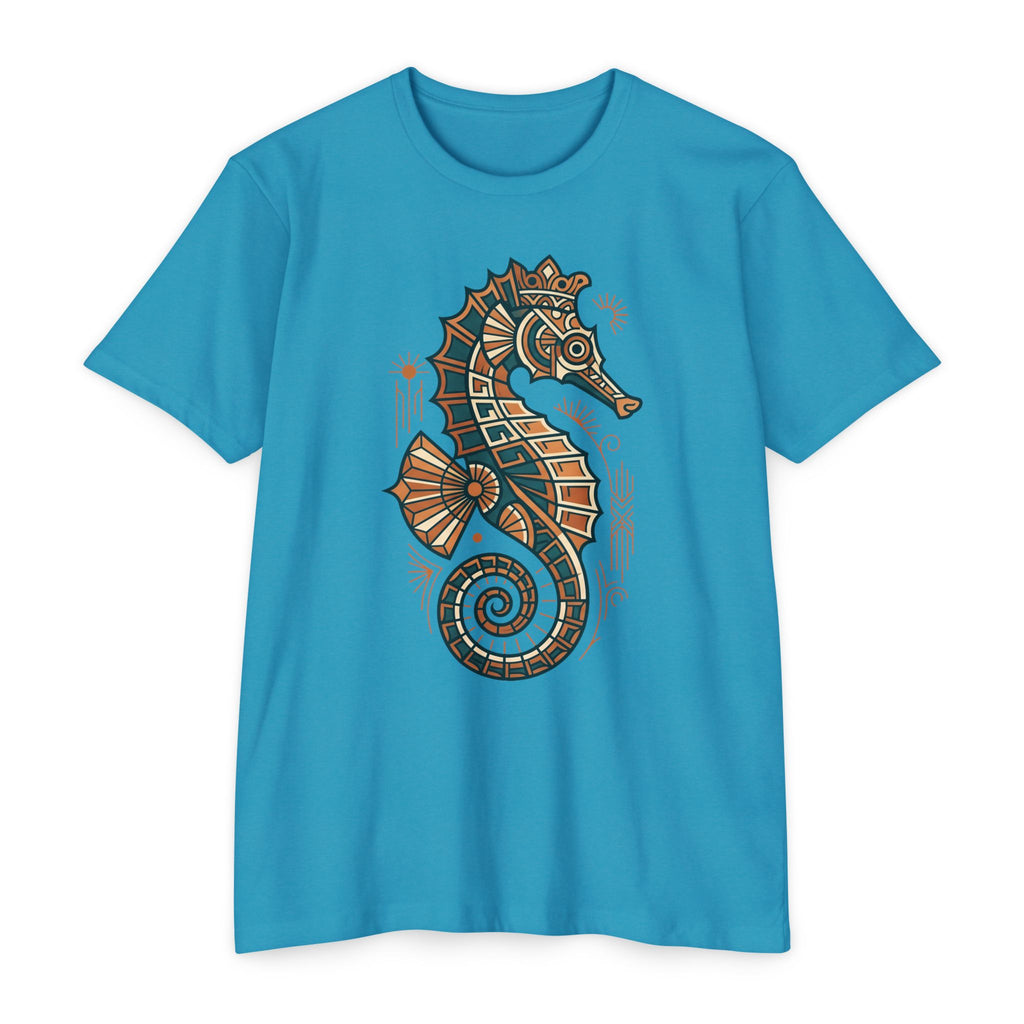 Unisex blue T-shirt with colorful seahorse mosaic graphic on front