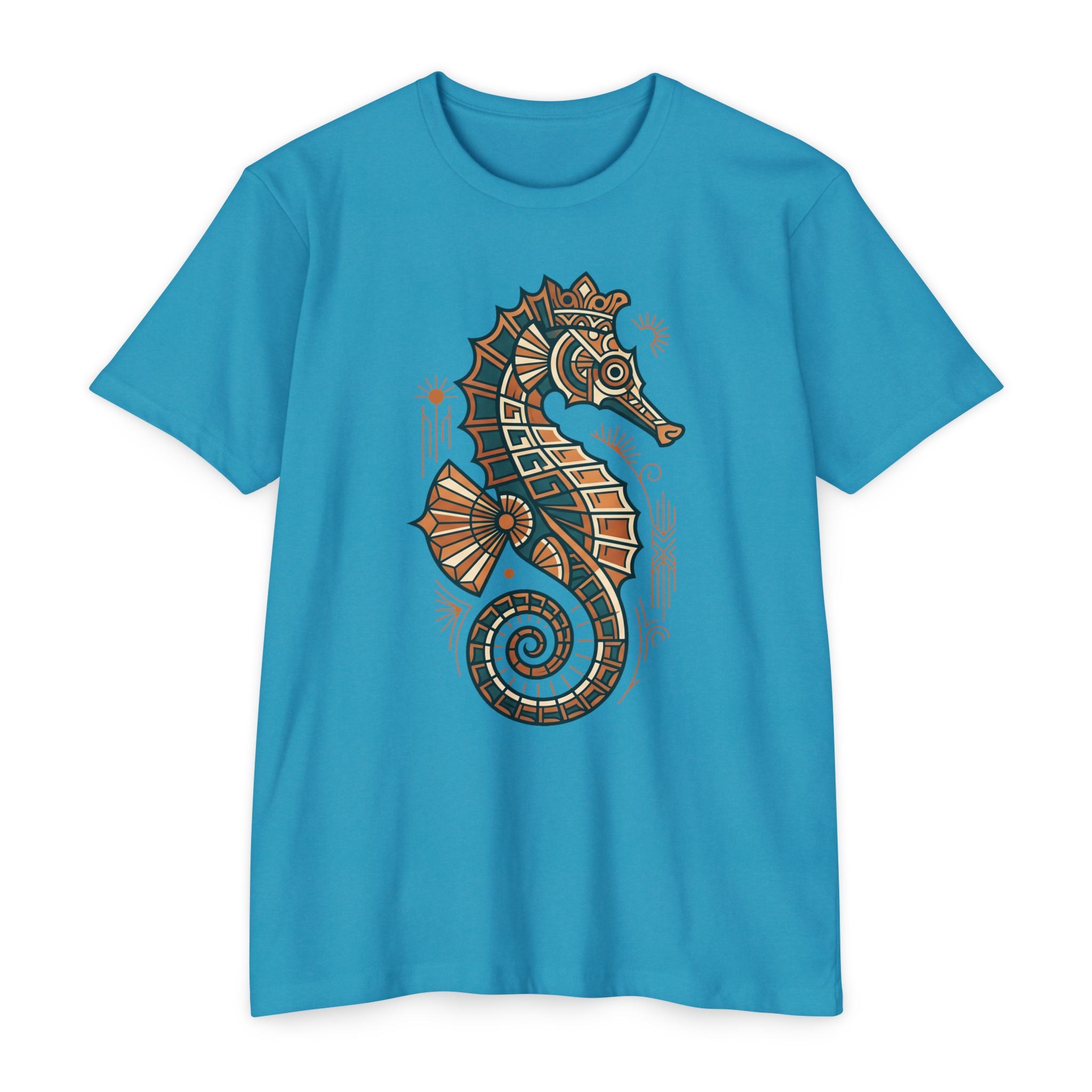Unisex blue T-shirt with colorful seahorse mosaic graphic on front