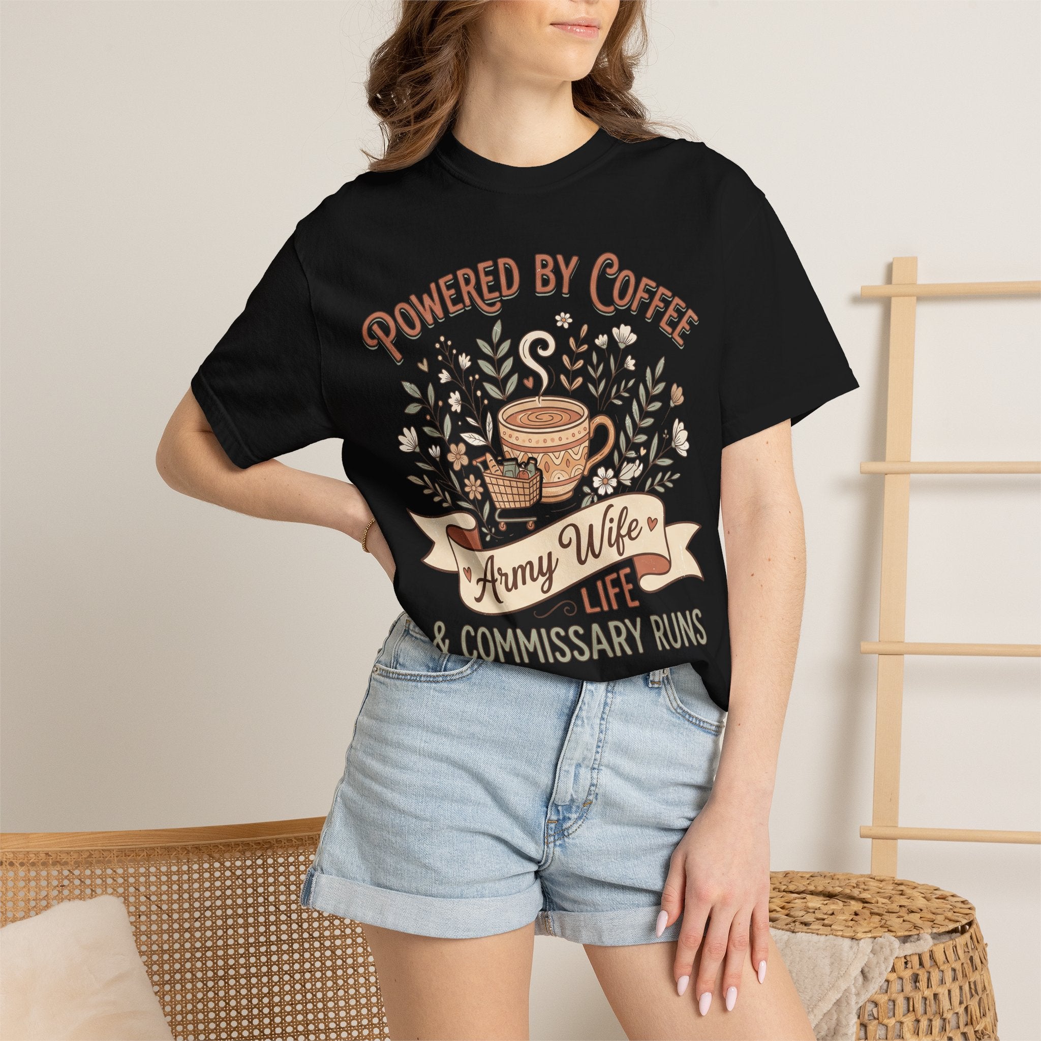 Black crewneck T-shirt with coffee floral “Powered by Coffee” life graphic