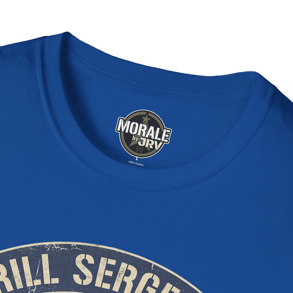 Royal blue crew-neck T-shirt neckline with small circular logo patch