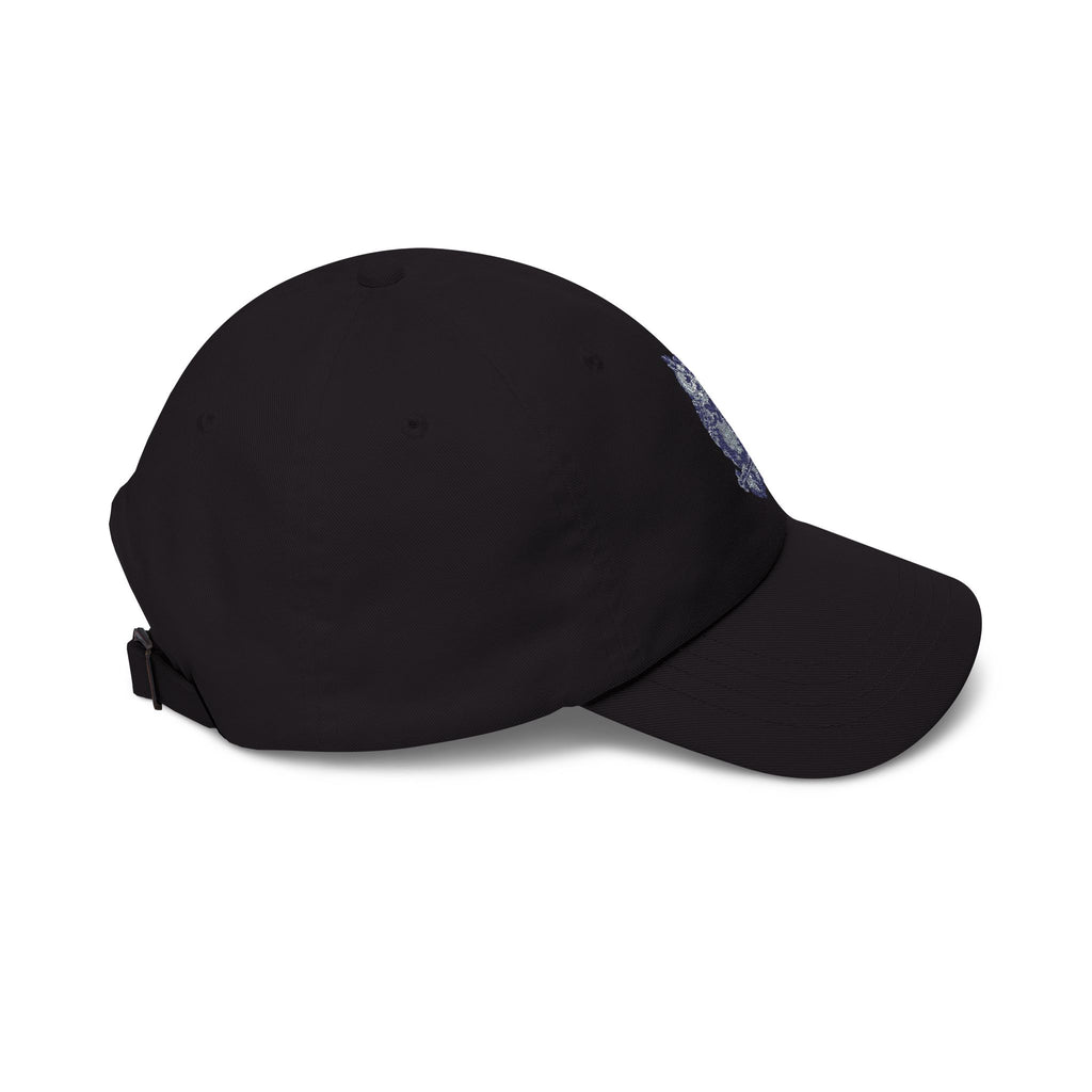 Black dad baseball cap with curved brim and adjustable back strap