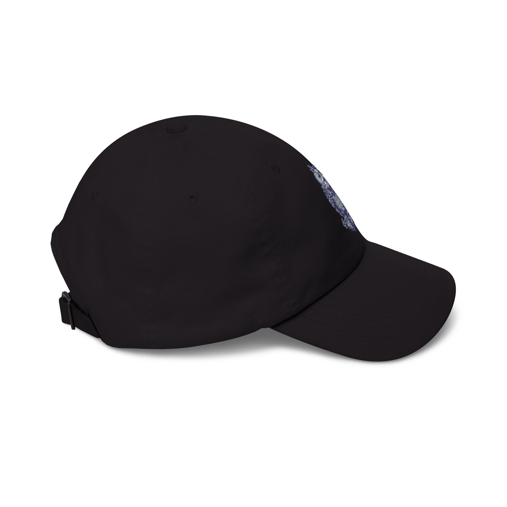 Black dad baseball cap with curved brim and adjustable back strap