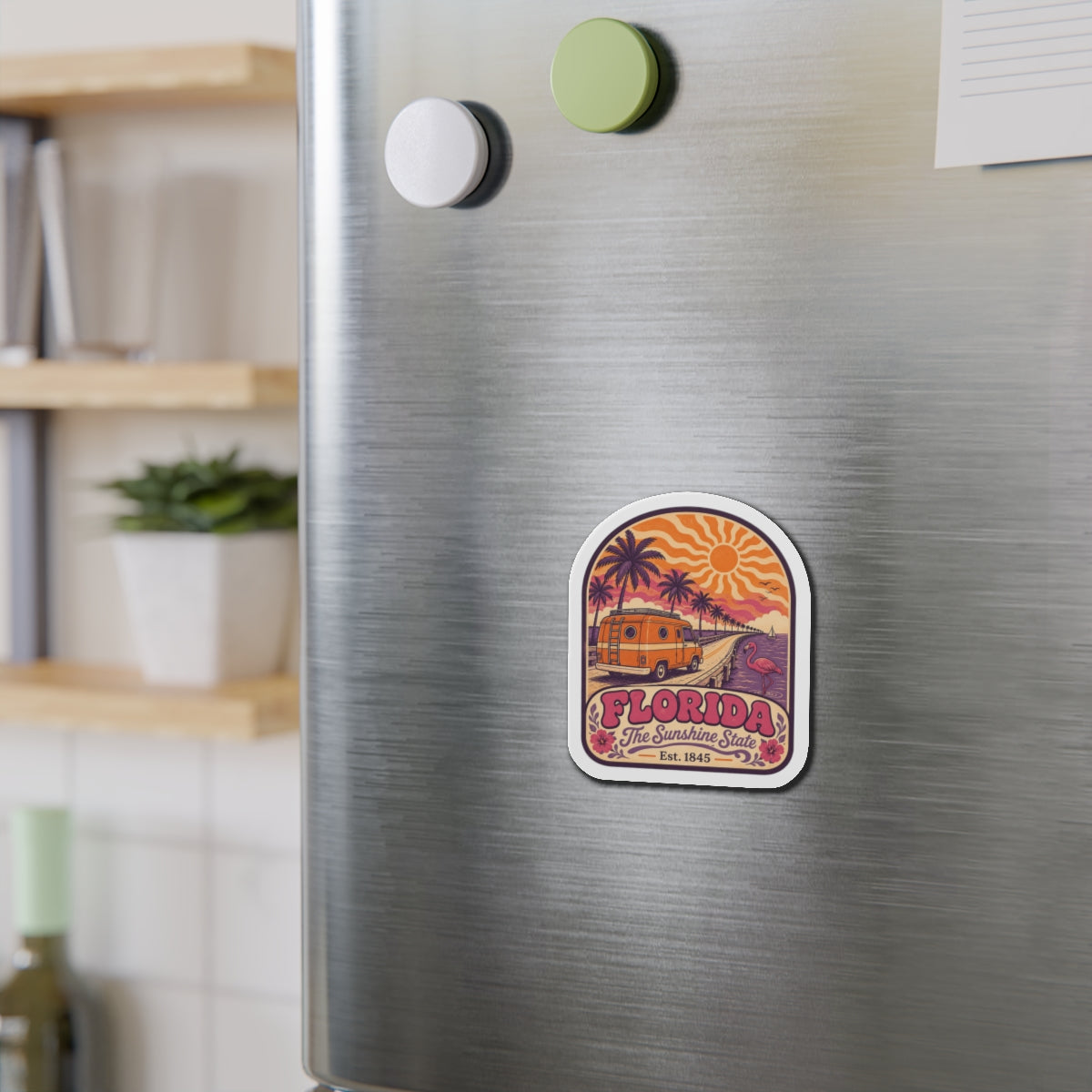 Florida die-cut magnet fixed to a stainless fridge door