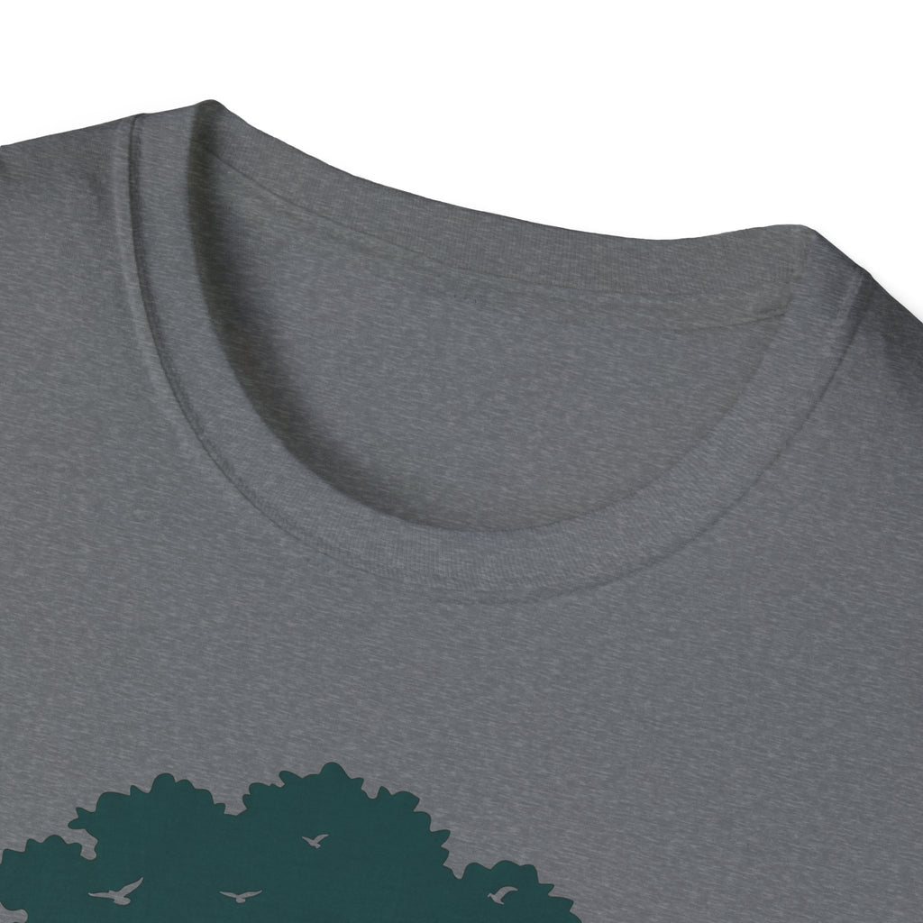 Dark gray tee neckline close-up with partial teal tree-and-birds graphic