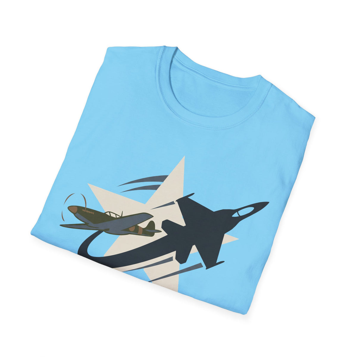 Light blue T-shirt with large printed military aircraft graphic on chest