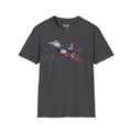 F-16 T-Shirt, dark charcoal, front jet design with American flag and red streaks