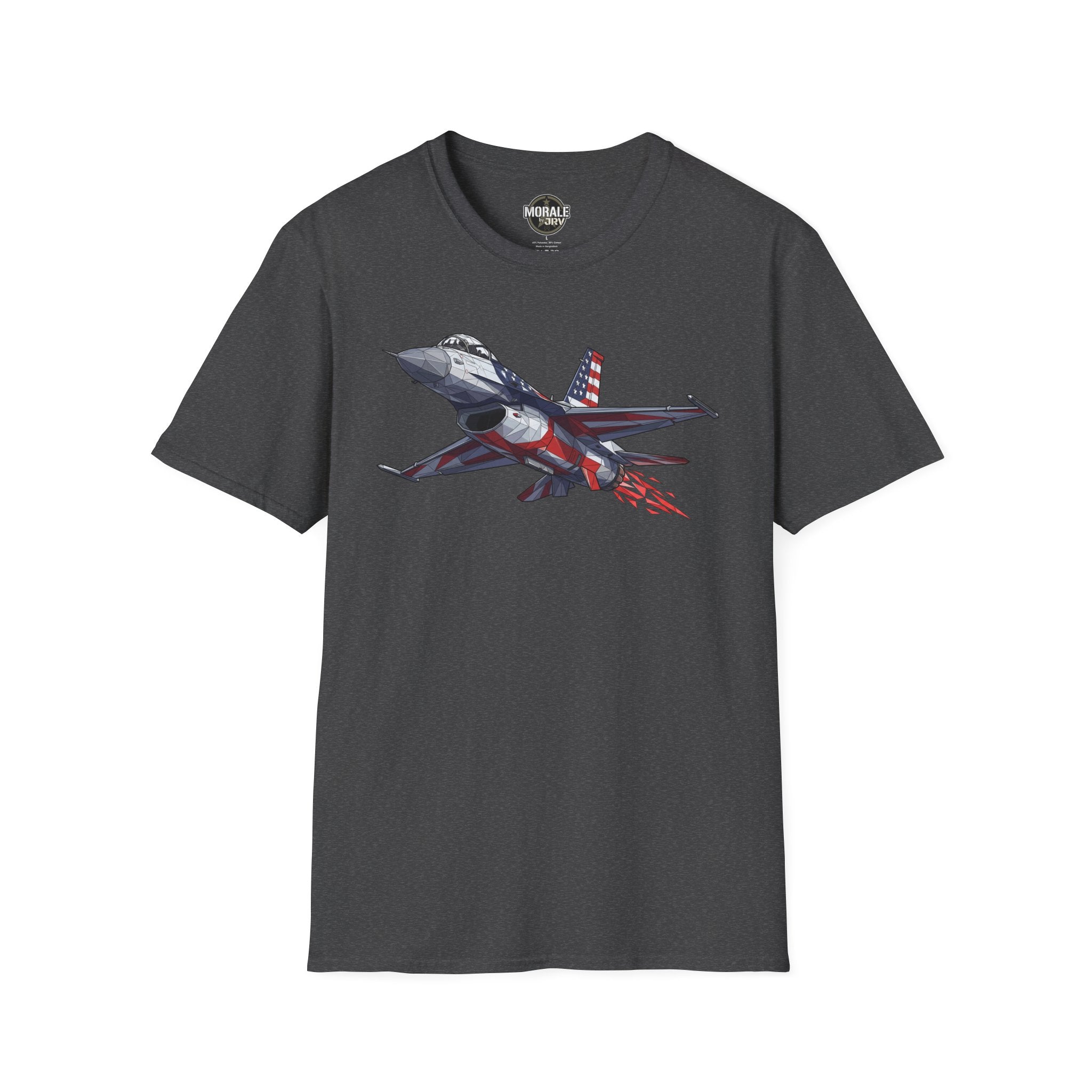 F-16 T-Shirt, dark charcoal, front jet design with American flag and red streaks