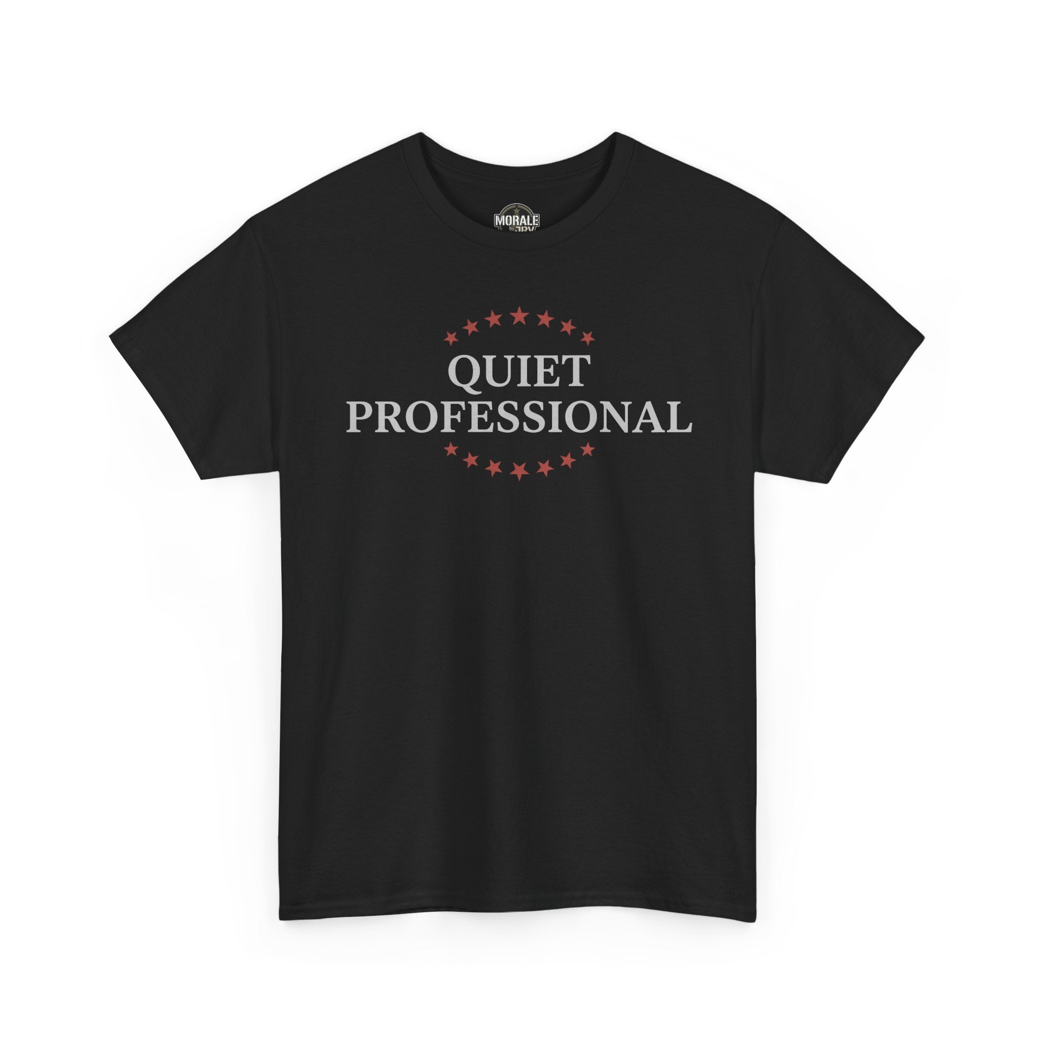 Black minimalist graphic T-shirt with centered wreath logo print