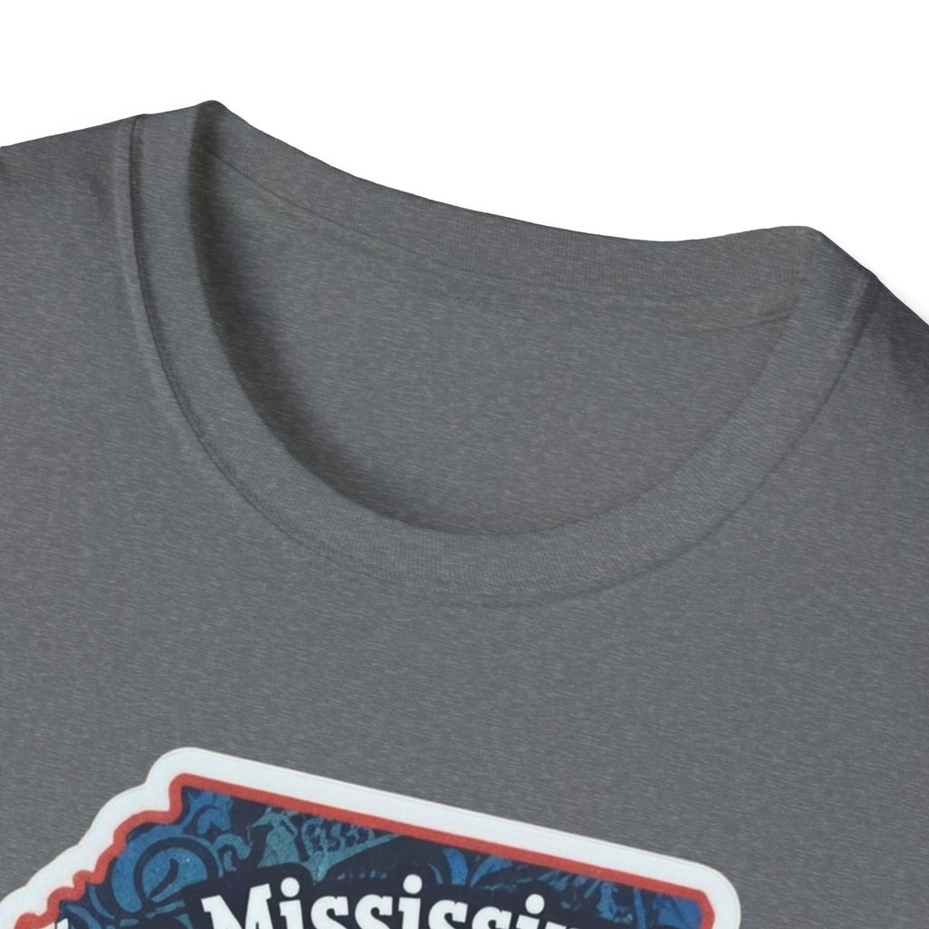 I am Mississippi T-shirt in heather grey, close-up of collar and partial front print