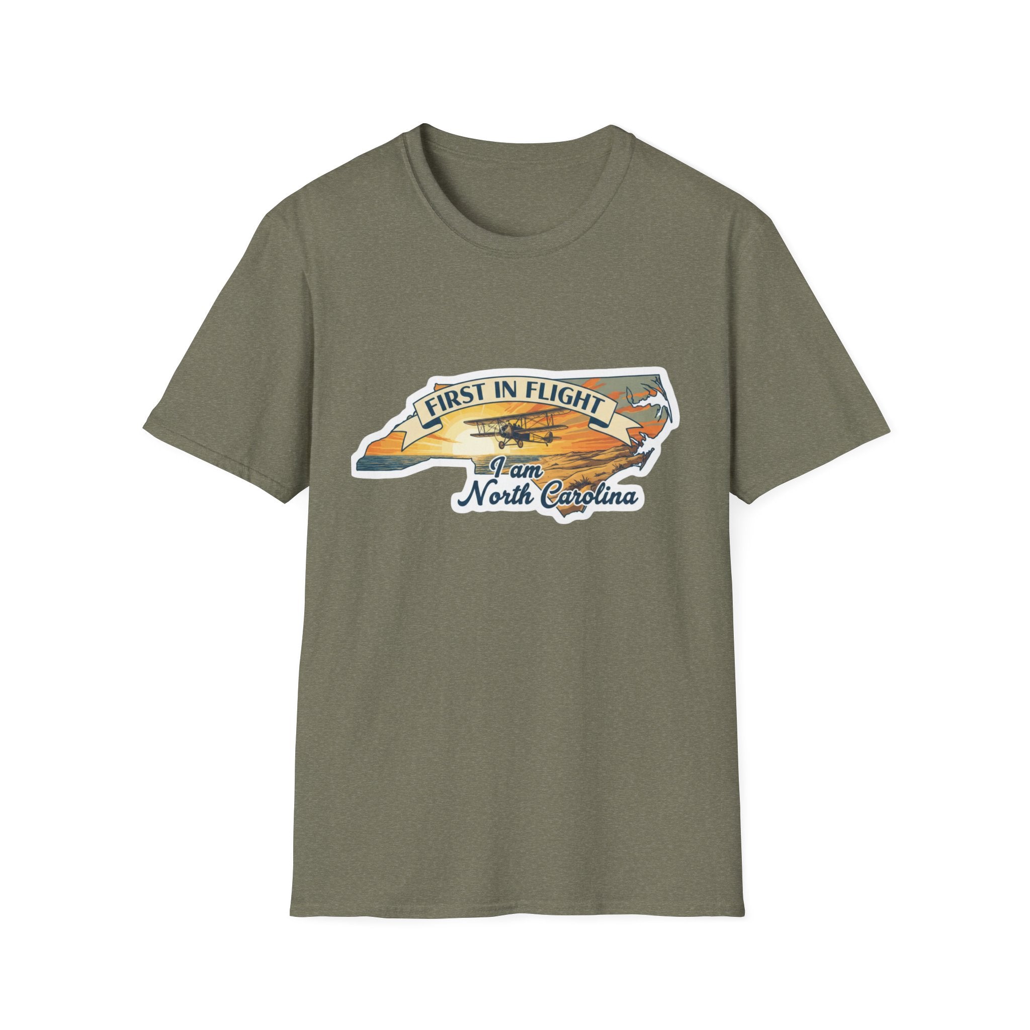North Carolina T-shirt in olive green, “First in Flight” plane & North Carolina chest print
