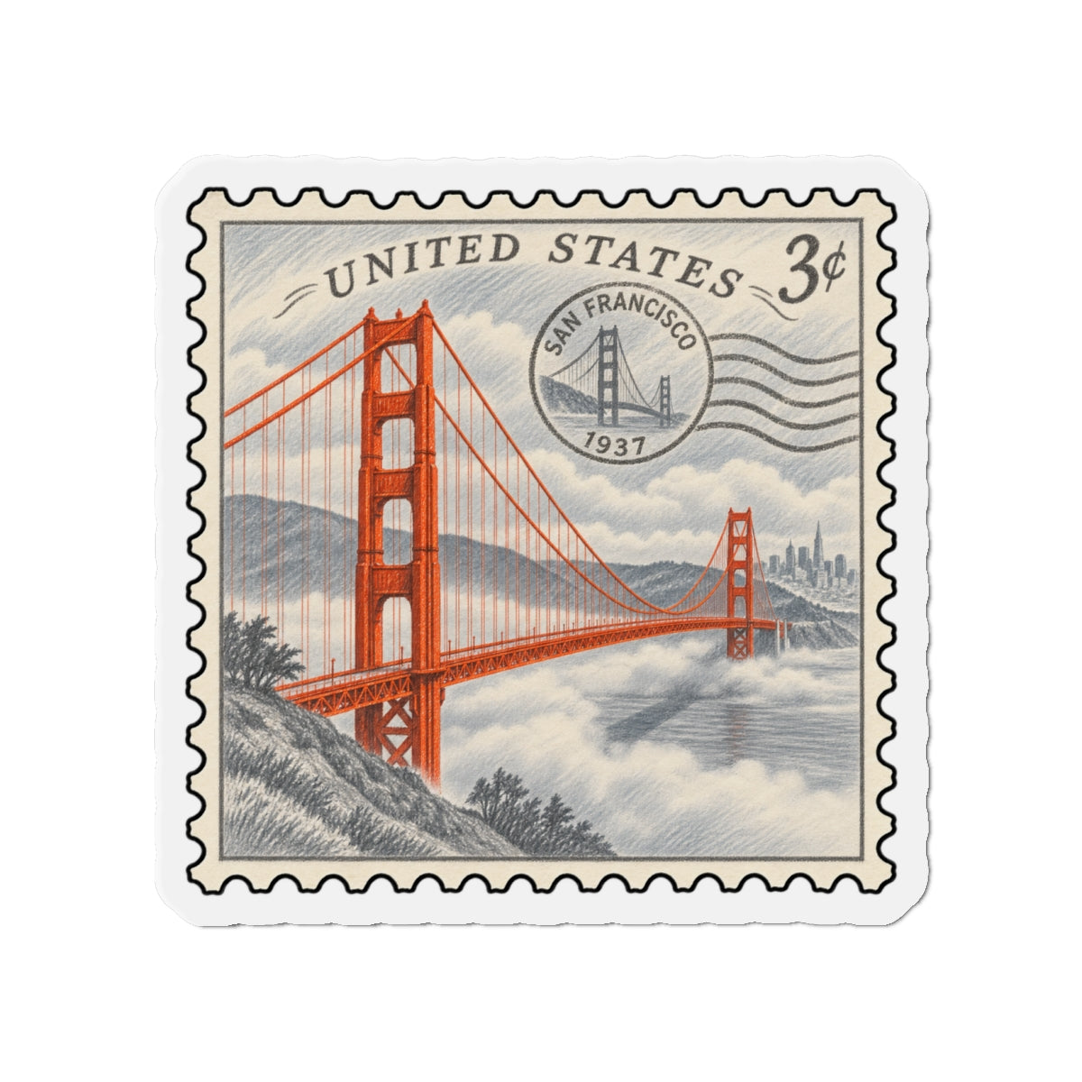 Die-cut Golden Gate Bridge stamp magnet with U.S. 3¢ corner stamp and port seal